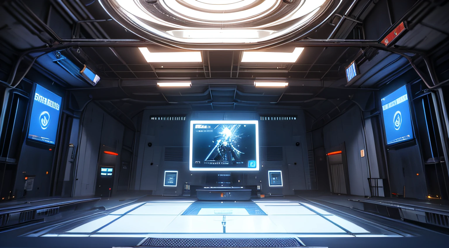 Futuristic technology hall, electronic screen, cool light effects, white metal plate wall --auto