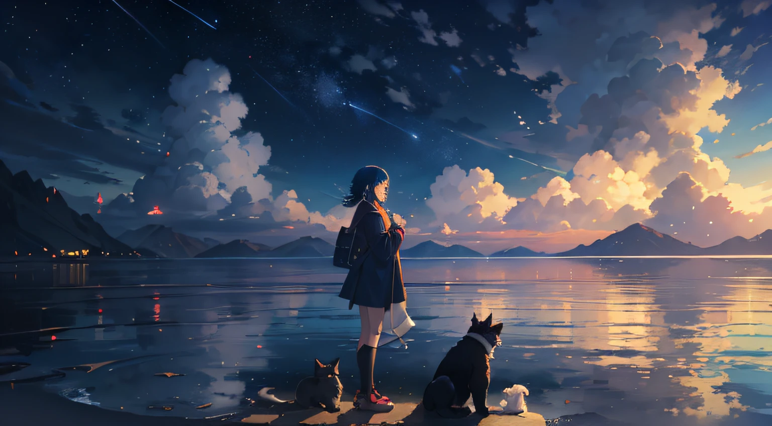 anime scene of a woman and her dog looking at a lake, makoto shinkai cyril rolando, cosmic skies. by makoto shinkai, beautiful anime scene, reflections. by makoto shinkai, inspired by Makoto Shinkai, beautiful anime artwork, anime beautiful peace scene, guweiz and makoto shinkai, a beautiful artwork illustration --auto
