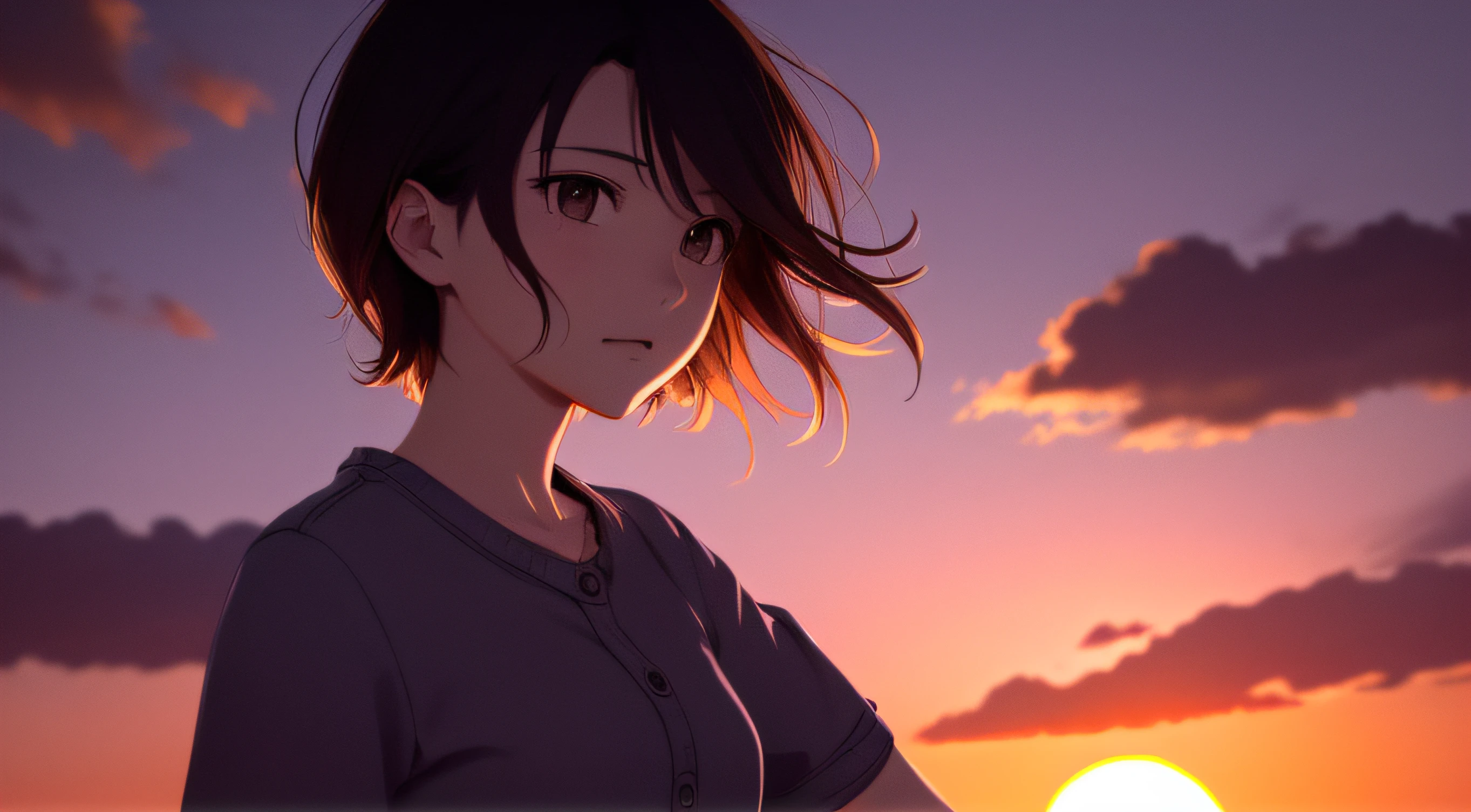 Very detailed and accurate anime style illustration, very cute young woman face, brown short hair, perfectly round gray eyes, pink shirt, background is fantastic clouds dyed by the setting sun, intense red color, dramatic backlighting, Makoto Shinkai anime style.