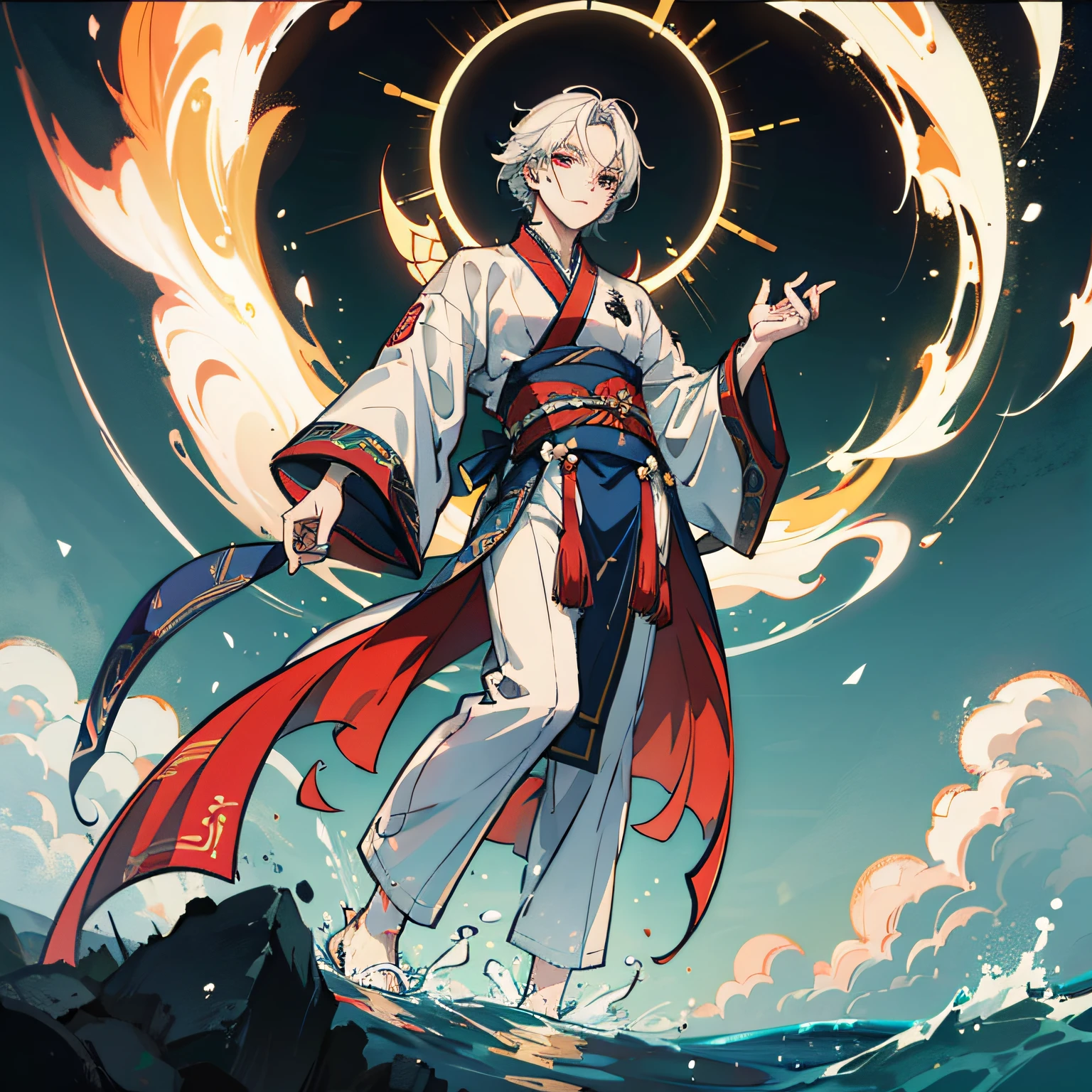 masterpiece, best quality,boy,18 years old,white hair,golden eyes,Look firm and resolute,wear hanfu,in an ancient look of China,flying in sky,{cinematic lighting, ray-tracing},{{reflective water}},dynamic pose,{{{{{translucent skin}}}}},bokeh.{{spray}}, --auto