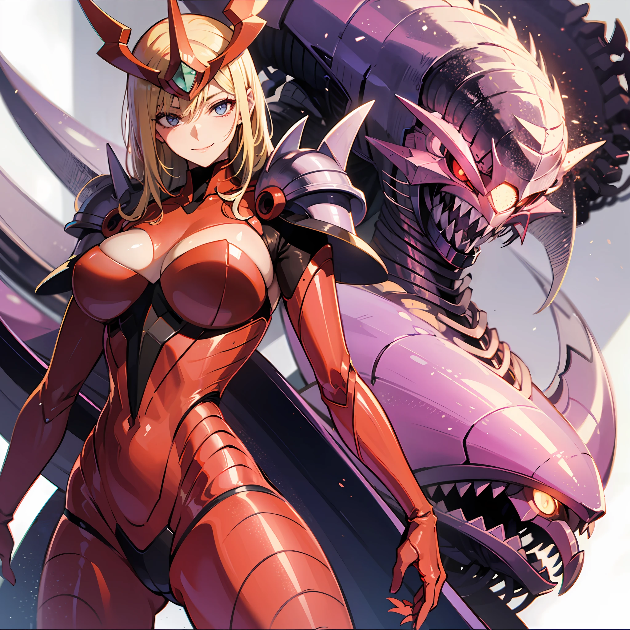 Hot insect crustacean woman, Guyver style, evil smile, scaraber reploid, bellows tail, cel shade adult animation, alien queen,