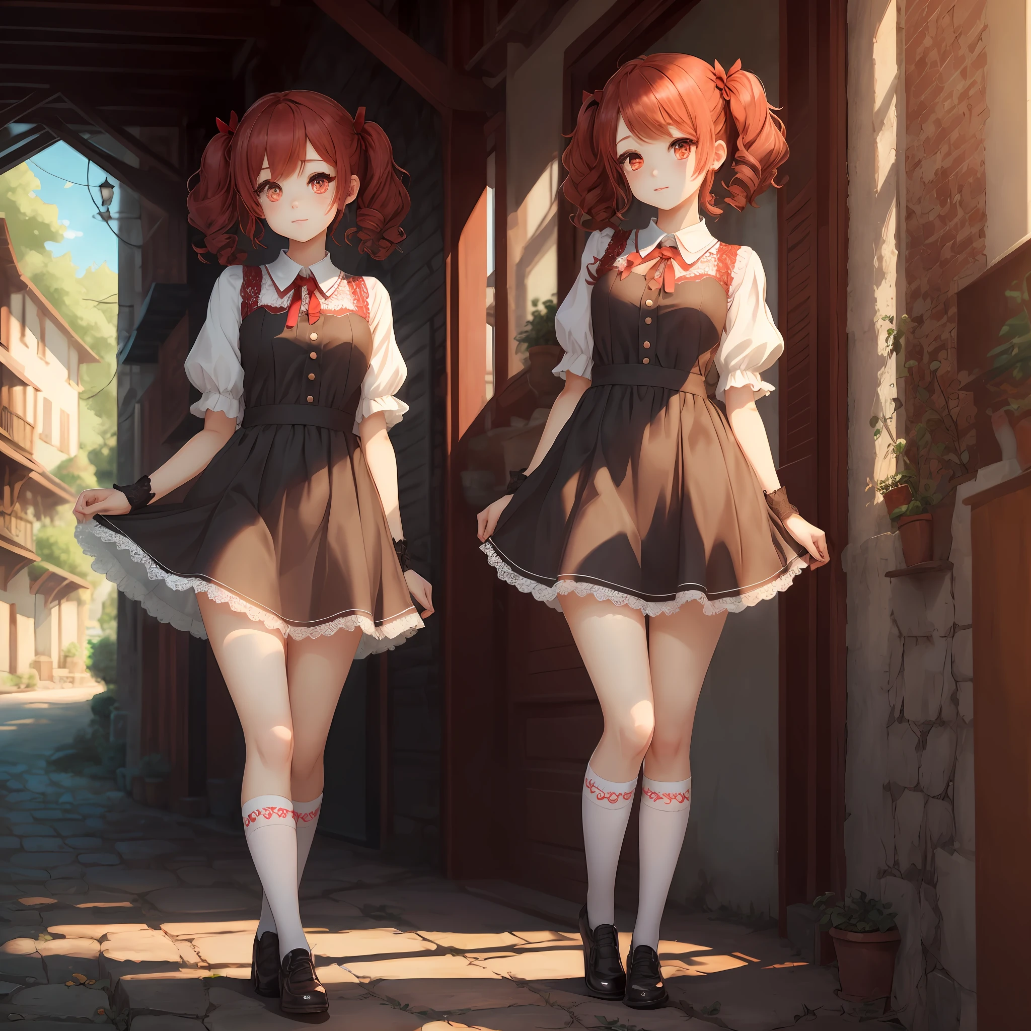 beautiful girl,red hair,lace clothes,two-dimensional illustration,goth ,sweet lolif twin tails,knee-high socks,big,super cute,(best quality),full body ,(masterpiece),(super detailed),one,red eyes,short hair,bright,sunlight,big eyes,divine --auto