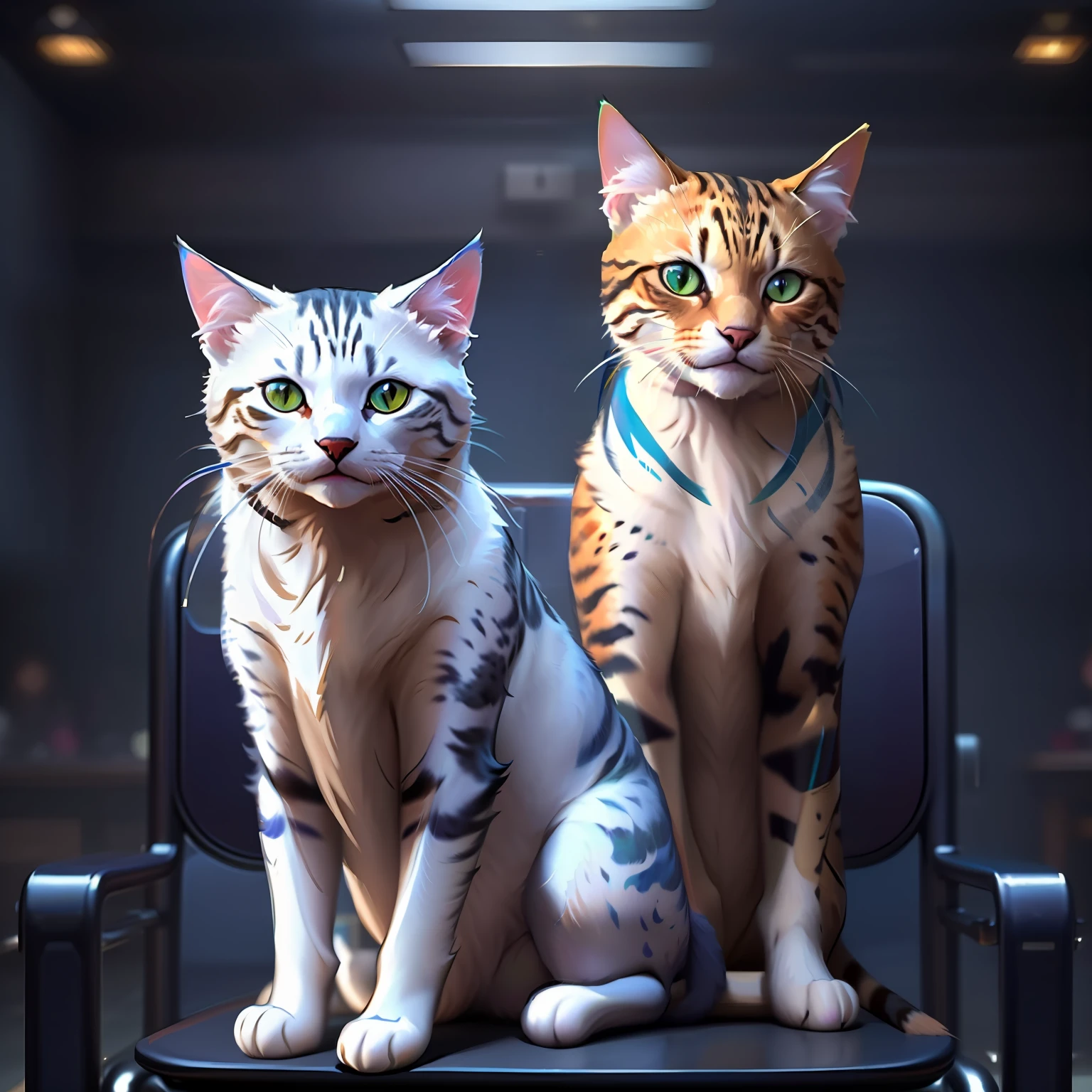 there are two cats sitting on a chair with green eyes, illustration of 2 cats, realistic anime cat, two cats, realistic illustration, realistic picture, warrior cats fan art, commission for high res, ultra realistic illustration, cat. digital painting, cute cats, photorealistic illustration, ultrarealistic illustration, ultra realistic picture, digital painting highly detailed, adorable digital painting