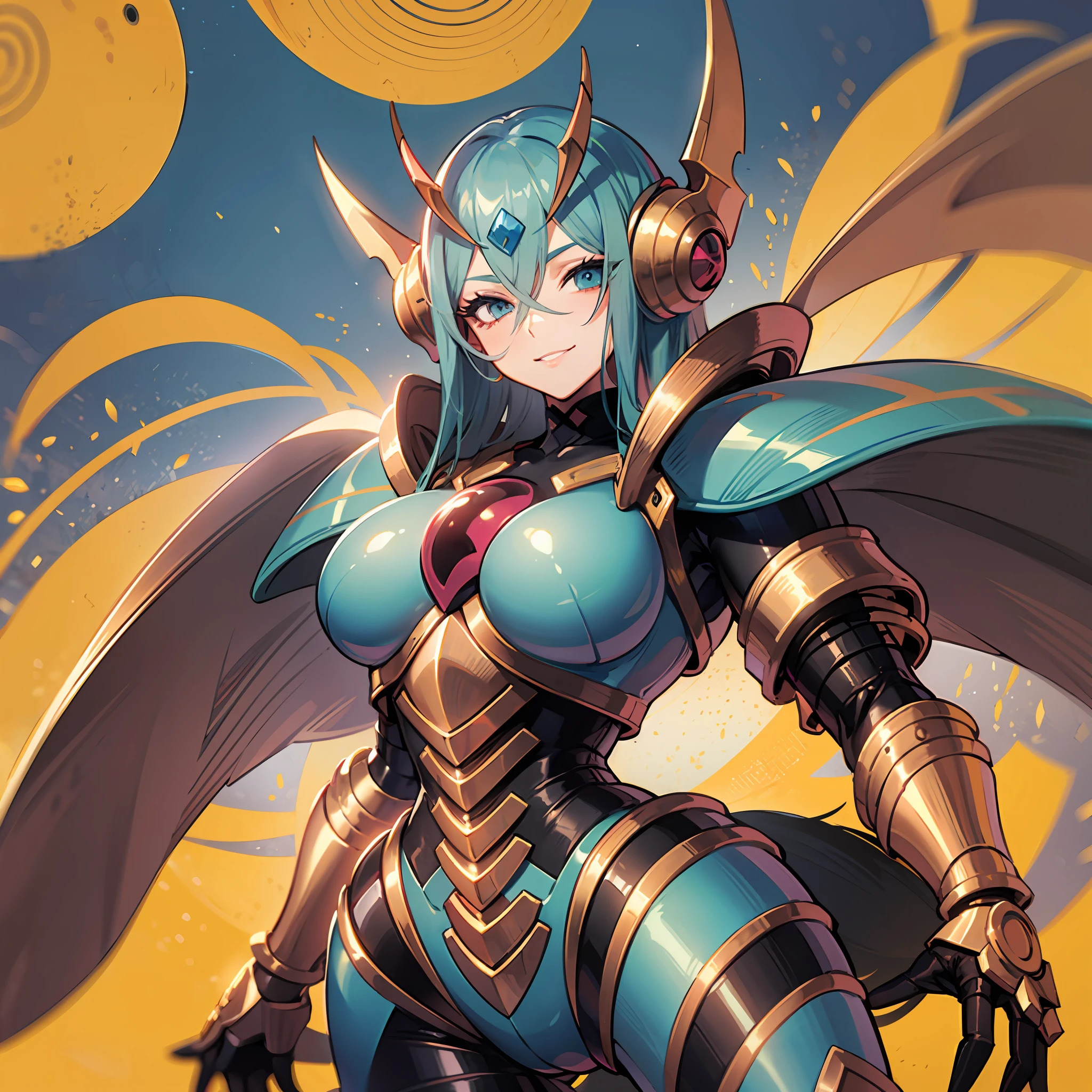 Hot insect crustacean woman, Guyver style, evil smile, scaraber reploid, bellows tail, cel shade adult animation, alien queen,