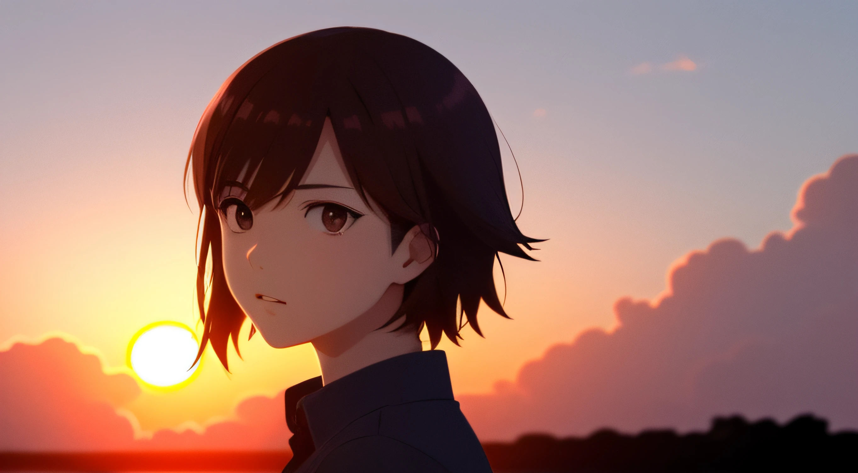 Very detailed and accurate anime style illustration, very cute young woman face, brown short hair, perfectly round gray eyes, pink shirt, background is fantastic clouds dyed by the setting sun, intense red color, dramatic backlighting, Makoto Shinkai anime style.