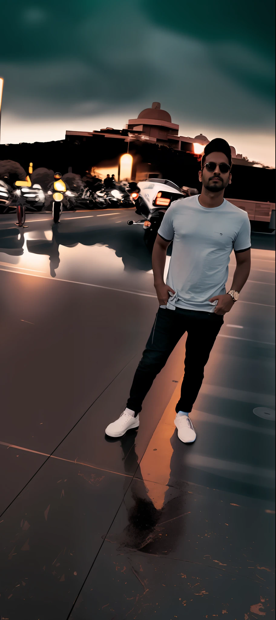 arafed image of a man walking past a motorcycle on a road, * colour splash *, jayison devadas style, profile pic, made with photoshop, looking heckin cool and stylish, cool style, candid picture, faded, profile photo, with lovely look, stylish pose, with fashion clothe, style of seb mckinnon, inspired by Saurabh Jethani