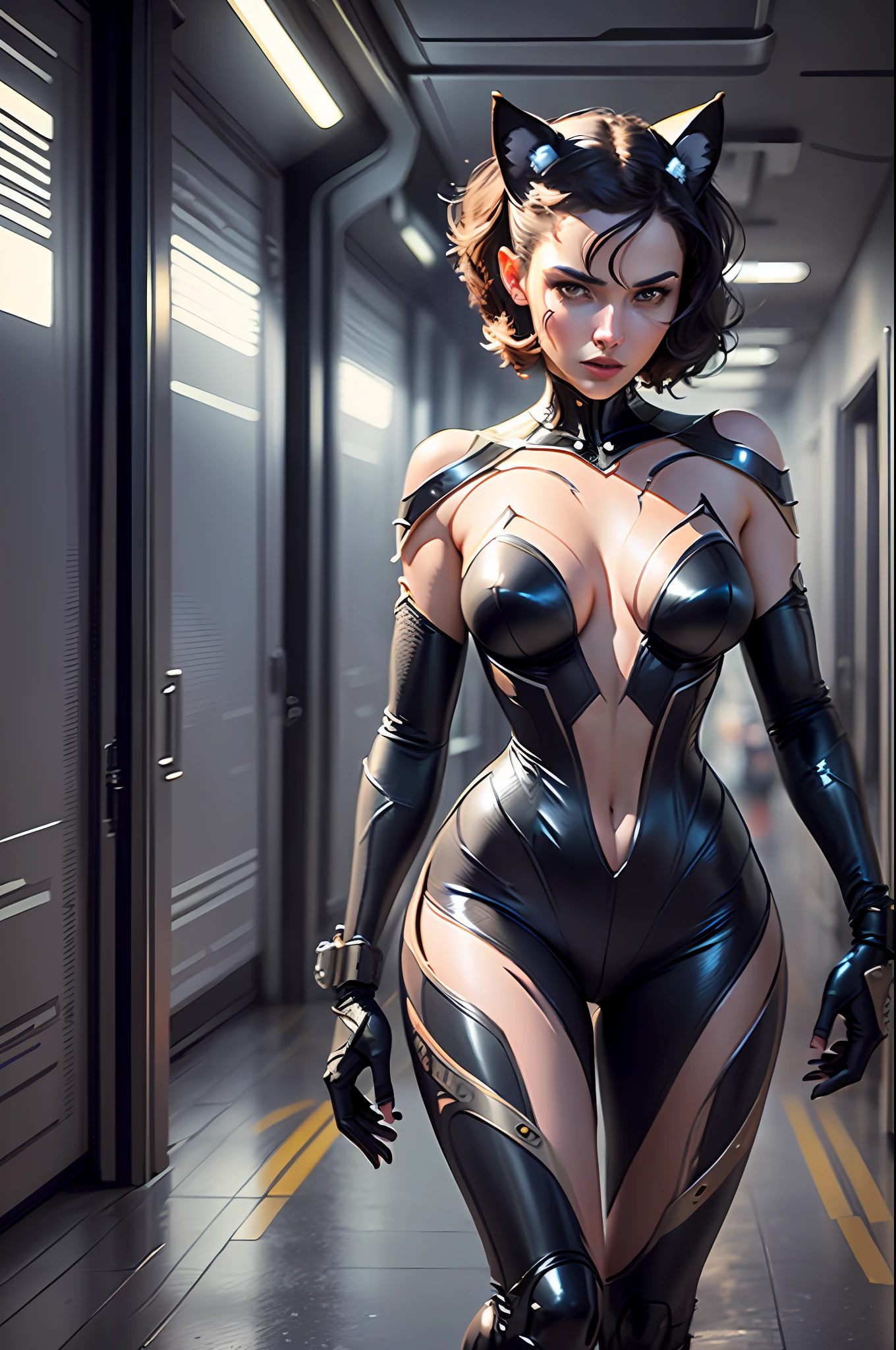 Mechanized Catwoman, full body, beautiful faces, delicate skin, ruined spaceship corridor background, cluttered everywhere, realistic, Kodak color film, cinematic grade, Jeremy Mann and George Tek's artwork, cinematic lighting, ultra high resolution, 8k uhd, film grain, mechanical, perfect anatomy, best shadows, delicate, RAW