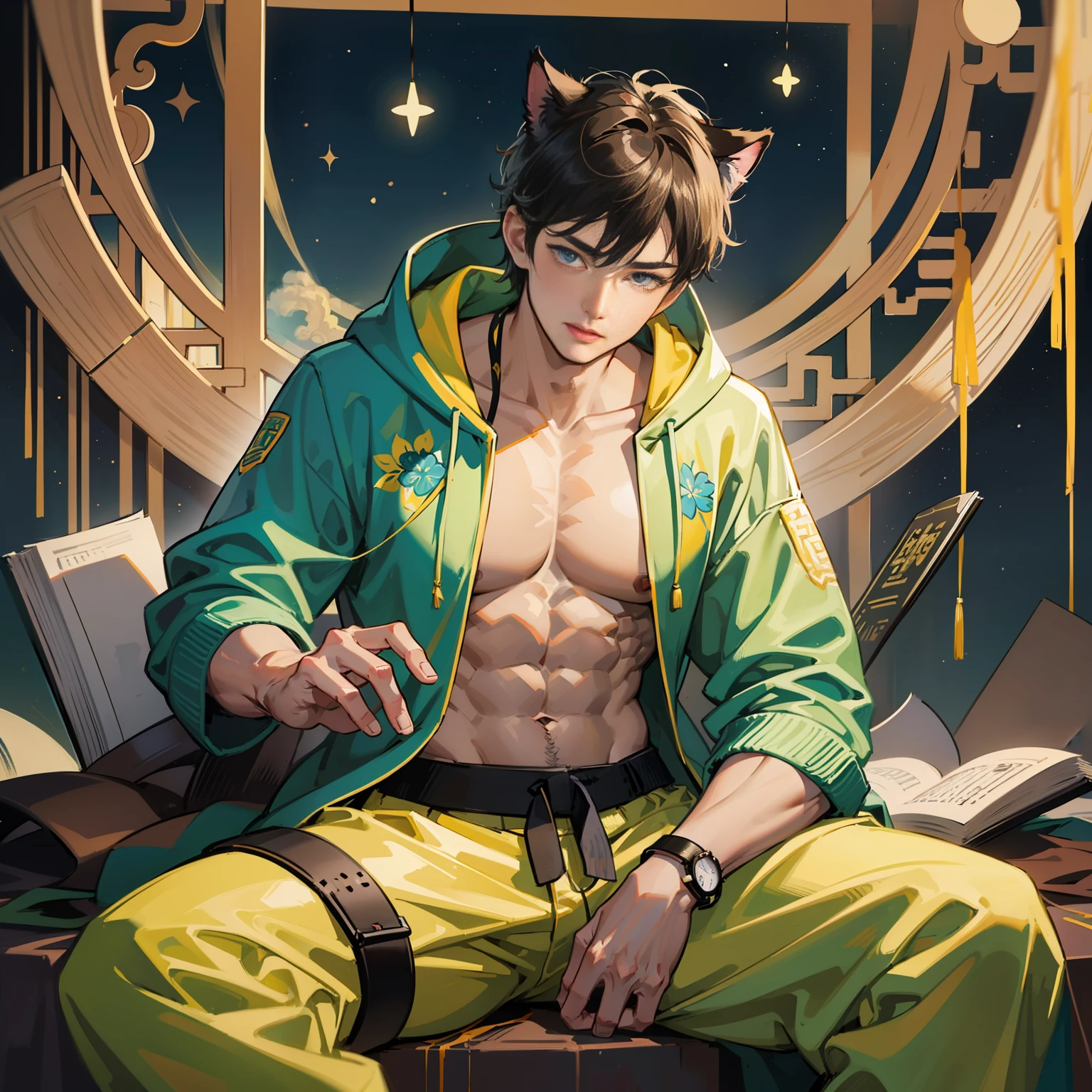 Muscular boy, masculine features, wild, masculine, valiant, handsome, rugged, cat-eared hoodie, modern Chinese traditional costume, fusion of ancient Chinese and modern, king of rappers, pectoral muscles, abs, cool atmosphere, sitting, solid posture, fashionista, stylish, colorful, individual, luxurious, Cantonese, singing, dancing, sky with stars shining like dreams, Book of quiet nights, starry sky blooming brightly, border between whispering dreams and confusion, Cantonese pride, yellow and blue clothes