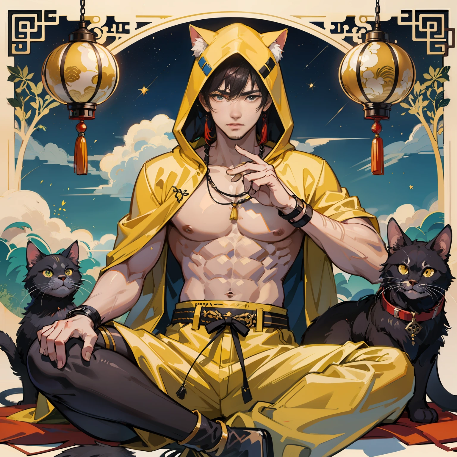 Muscular boy, masculine features, wild, masculine, valiant, handsome, rugged, cat-eared hoodie, modern Chinese traditional costume, fusion of ancient Chinese and modern, king of rappers, pectoral muscles, abs, cool atmosphere, sitting, solid posture, fashionista, stylish, colorful, individual, luxurious, Cantonese, singing, dancing, sky with stars shining like dreams, Book of quiet nights, starry sky blooming brightly, border between whispering dreams and confusion, Cantonese pride, yellow and blue clothes