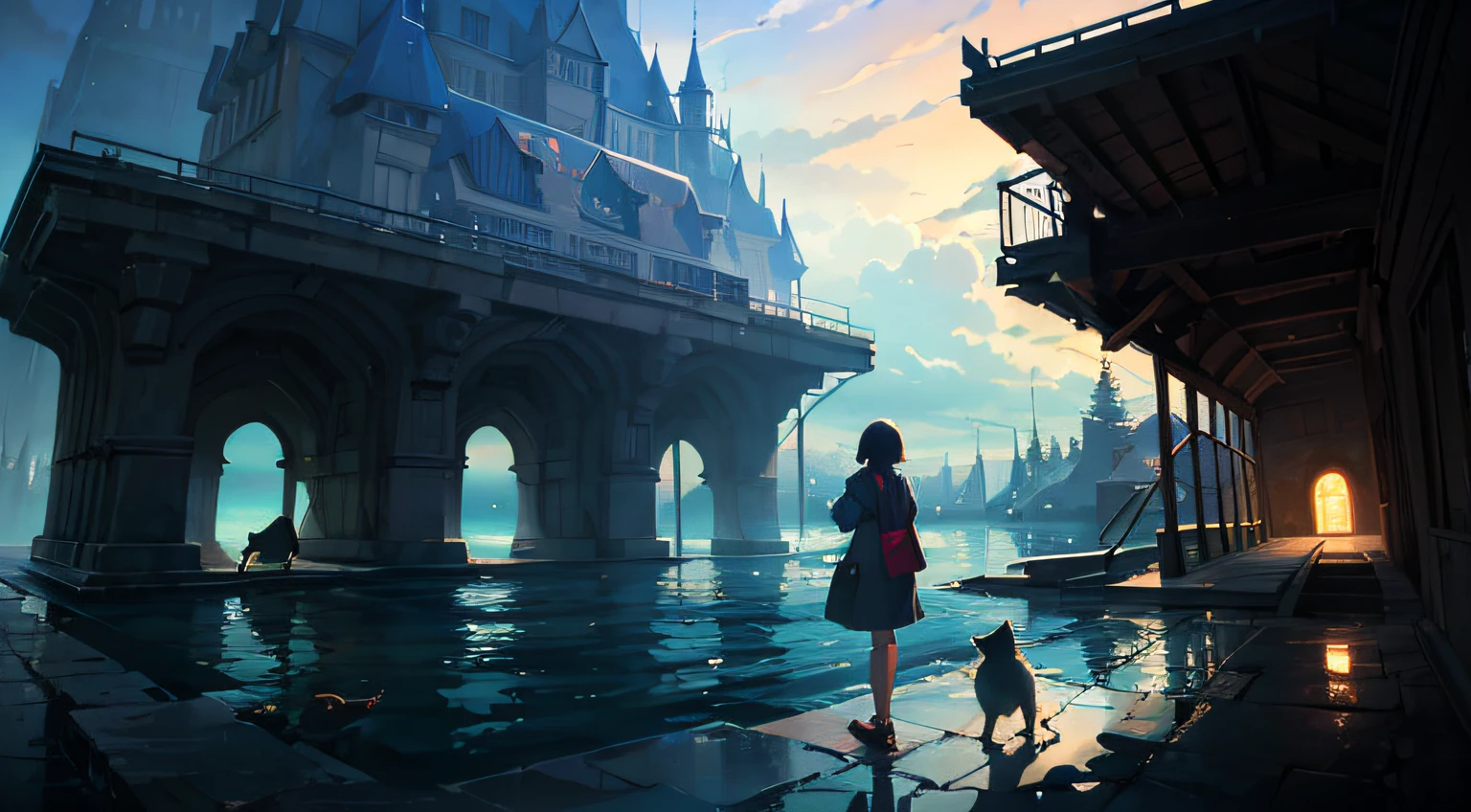 anime scene of a woman and her dog looking at a lake, makoto shinkai cyril rolando, cosmic skies. by makoto shinkai, beautiful anime scene, reflections. by makoto shinkai, inspired by Makoto Shinkai, beautiful anime artwork, anime beautiful peace scene, guweiz and makoto shinkai, a beautiful artwork illustration --auto