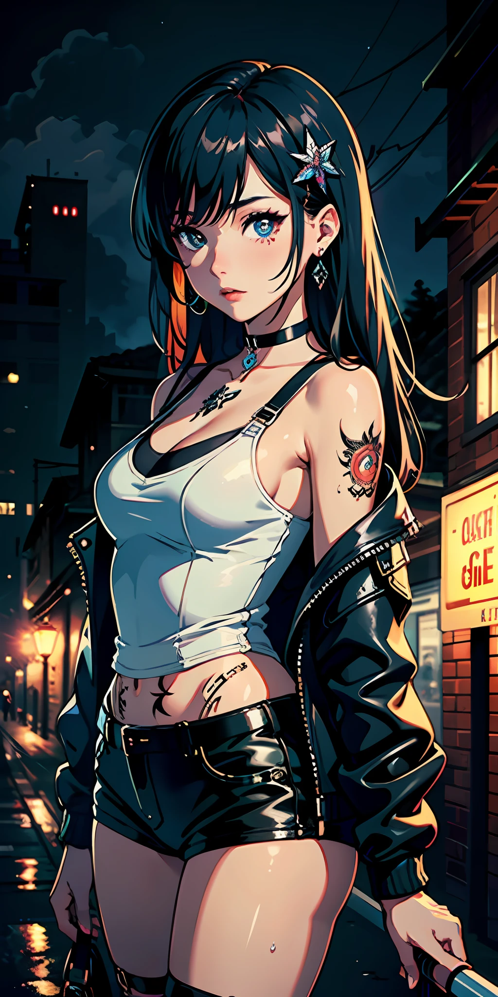 masterpiece, 1girl, solo, long hair, tattoos, jewelry, stockings, jacket, night street, multicolored hair, looking at viewer, intricate jacket, hair ornament, holding, cigarette, smoking, choker, riding boots, black choker, moonlight, detailed eyes, standing, from side, reflection, cloudy sky, wet hair (((masterpiece),(extremely detailed CG unity 8k wallpaper),best quality,,solo,1girl,cinematic lighting,detailed background,beautiful detailed eyes,bright pupils, (an extremely delicate and beautiful),(Beautiful and detailed eye description), ultra-detailed,masterpiece,)),