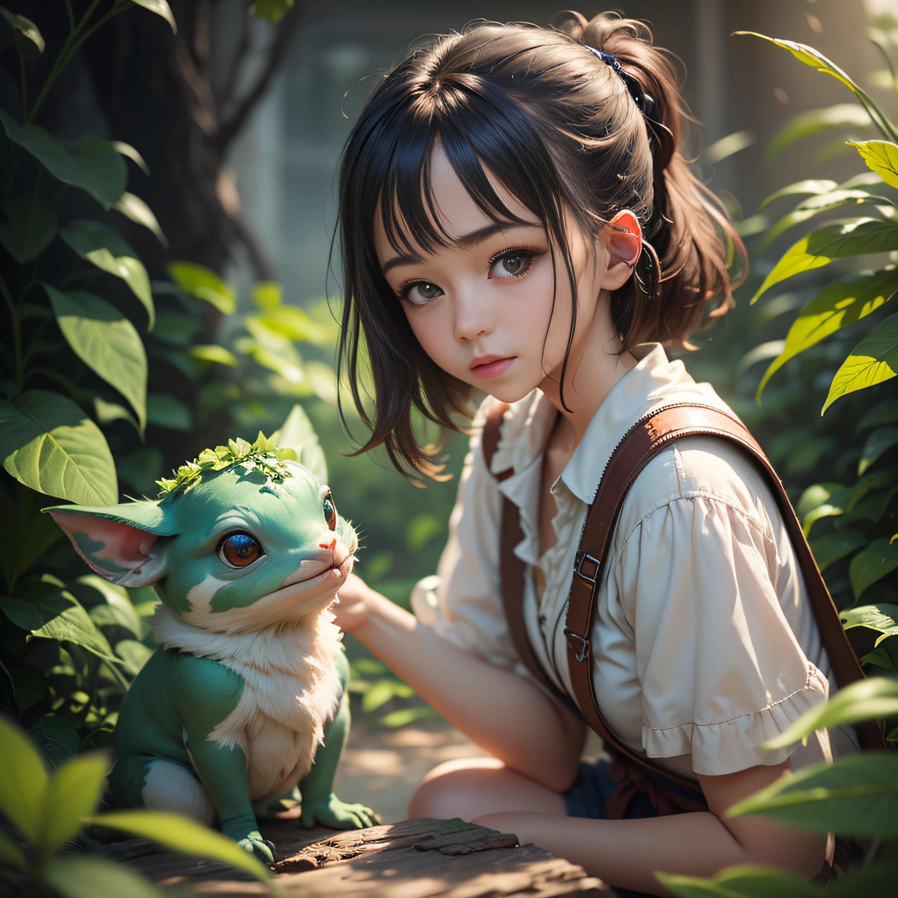 (masterpiece, top quality: 1.2), super detail, cinematic lighting, HDR, girl playing with kappa, cute, 18 years old,