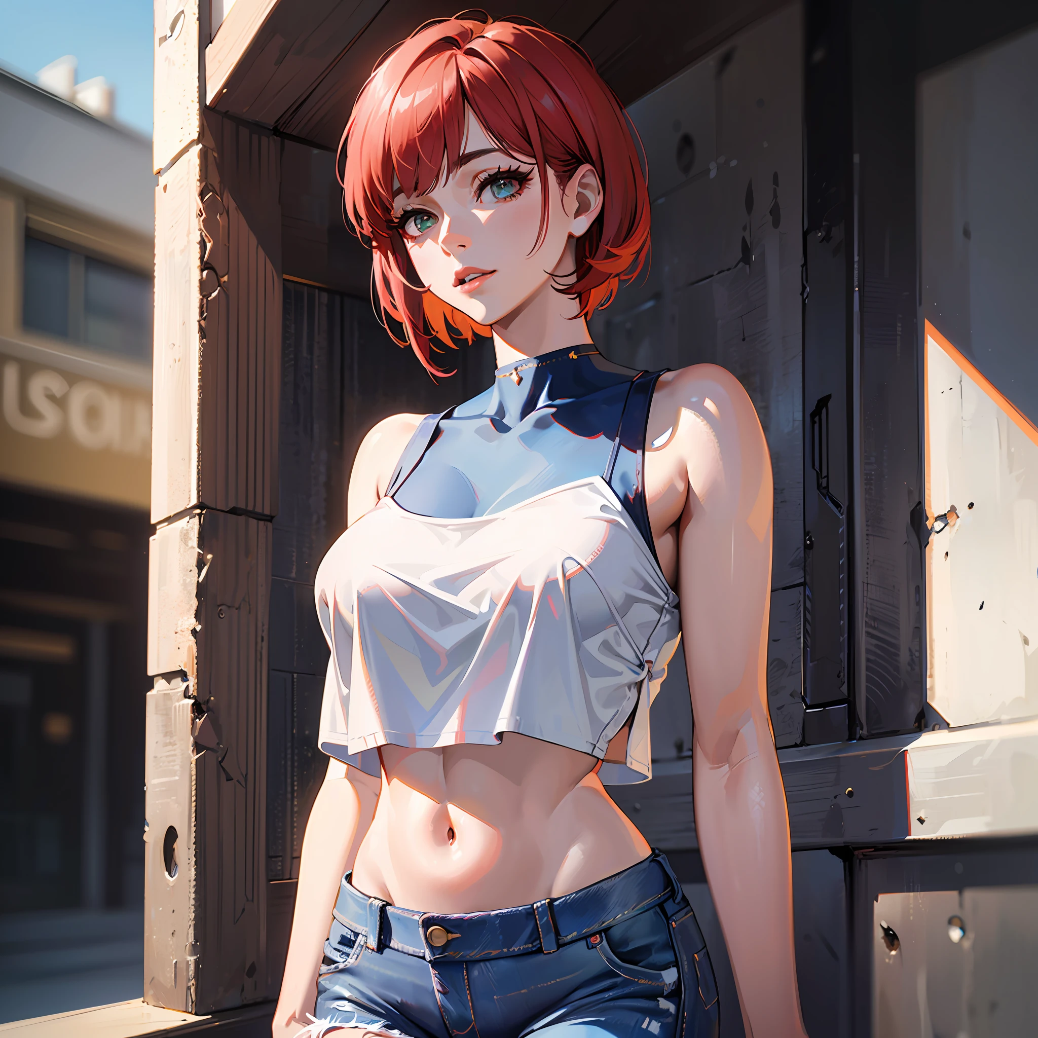 Super sexy Mariia wearing (lowcut skinny (flared jeans)), ((white croptop:1.5) tanktop with visible neckline), bobcut red hair, photorealistc, photography, (high resolution), (photorealistic:1.4), (extremely intricate), (exquisitely detailed), highly detailed, highres, original, extremely detailed 8K wallpaper, best quality, detailed face, ultra-detailed, raw photo, realistic, (thigh gap:1.5)