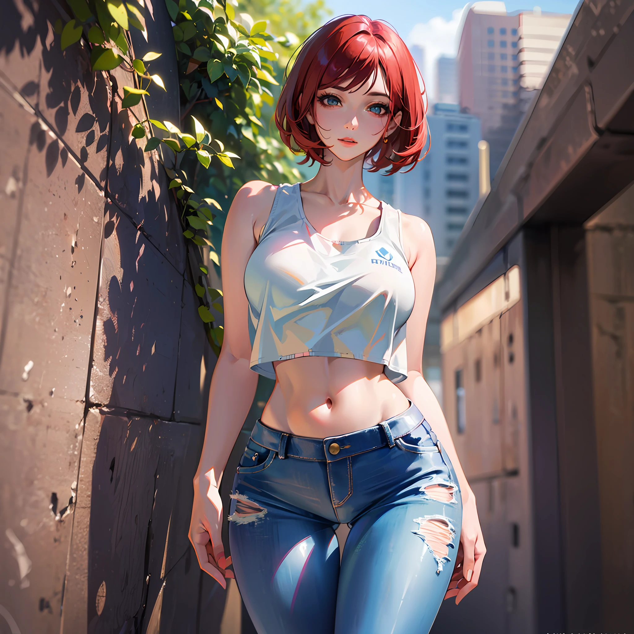 Super sexy Mariia wearing (lowcut skinny (flared jeans)), ((white croptop:1.5) tanktop with visible neckline), bobcut red hair, photorealistc, photography, (high resolution), (photorealistic:1.4), (extremely intricate), (exquisitely detailed), highly detailed, highres, original, extremely detailed 8K wallpaper, best quality, detailed face, ultra-detailed, raw photo, realistic, (thigh gap:1.5)