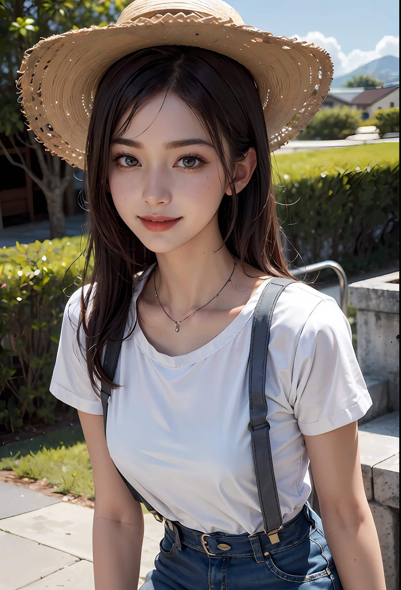 1girl, white shirt, suspenders, beautiful girl, Tifa, ranch, straw hat, smile, hair dye,