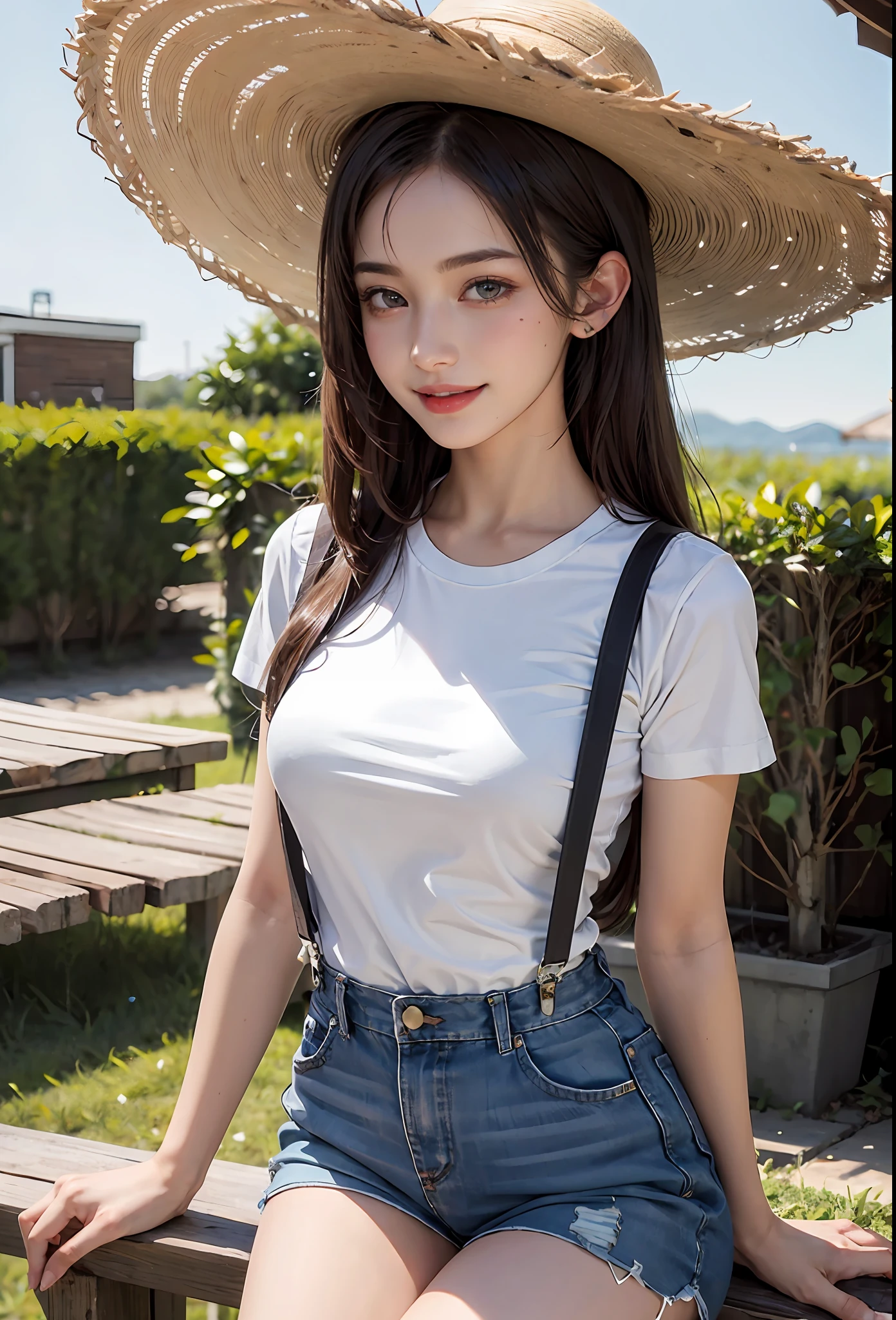 1girl, white shirt, suspenders, beautiful girl, Tifa, ranch, straw hat, smile, hair dye,