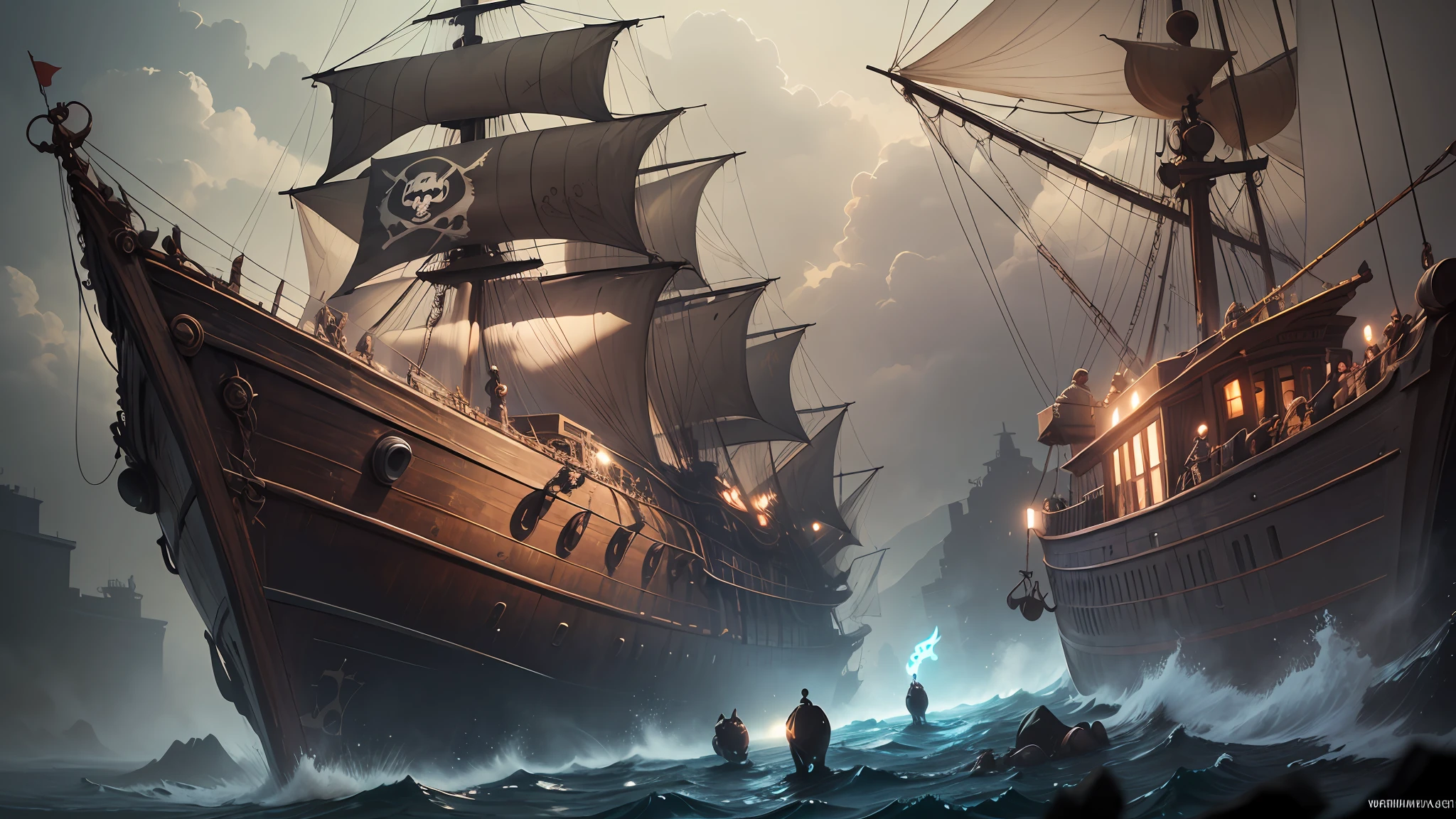 Night. Pirate Gang of Arab Fat Women, Pirate Patch Over One Eye Ship Caricature, Medium Closeup, Anthropomorphic, Looney Tunes/Pixar Art Style Ship Crew, Extraordinary, Photorealism, Cinematic Lighting, Edge Lighting, Big Budget VFX, ilm, weta digital, imax VFX quality, 16k , Octane Renderer , photorealism, stunning clarity, beautiful, dark --auto --s2