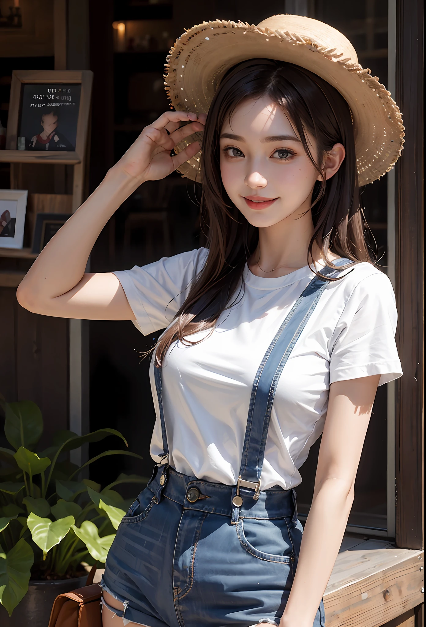 1girl, white shirt, suspenders, 15 years old beautiful girl, Tifa, ranch, straw hat, smile, hair dye,