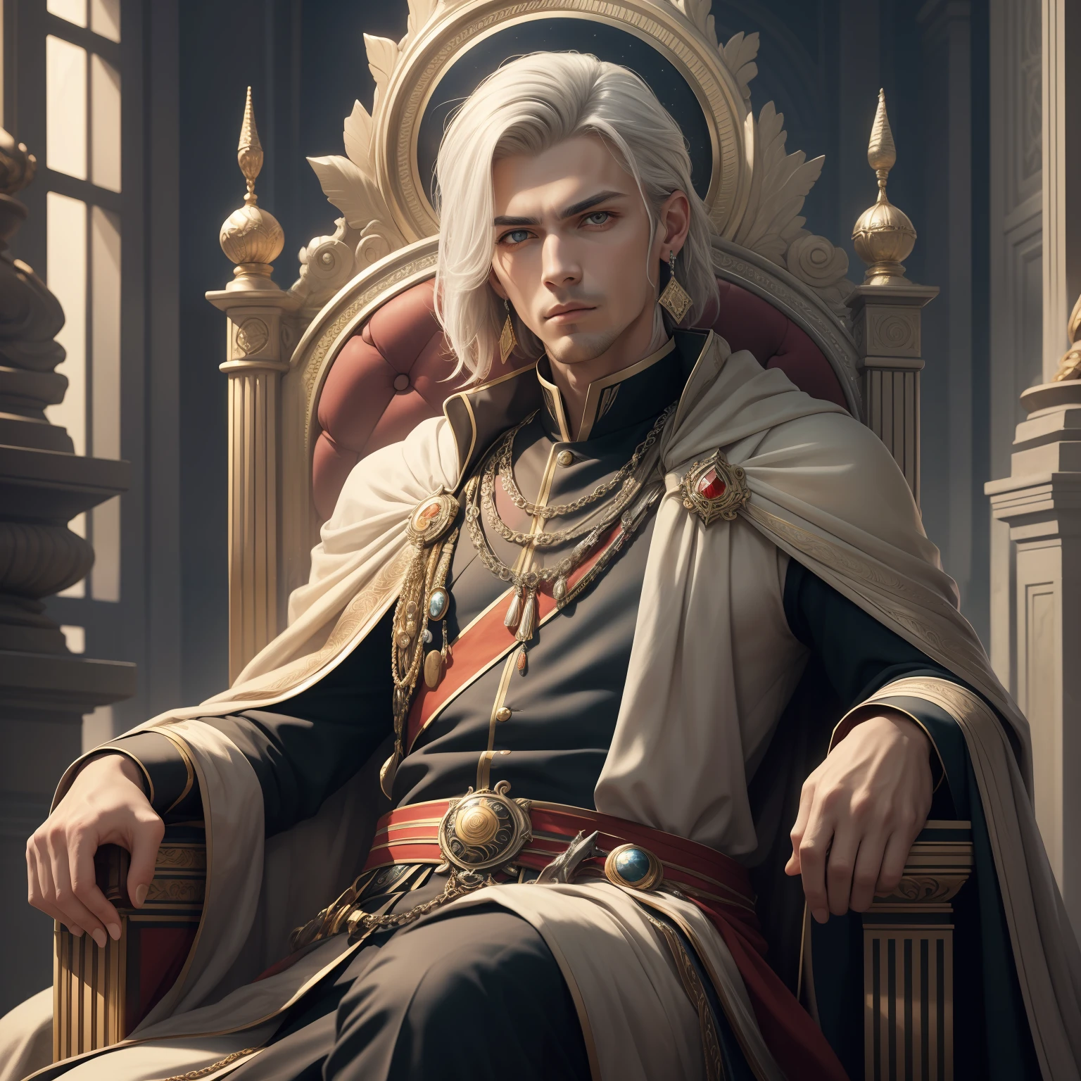 (Masterpiece) 8K resolution, handsome man sitting on a throne, emperor, silver short hair, red eye, finely crafted earrings, slender eyes, model style, fantasy style,
