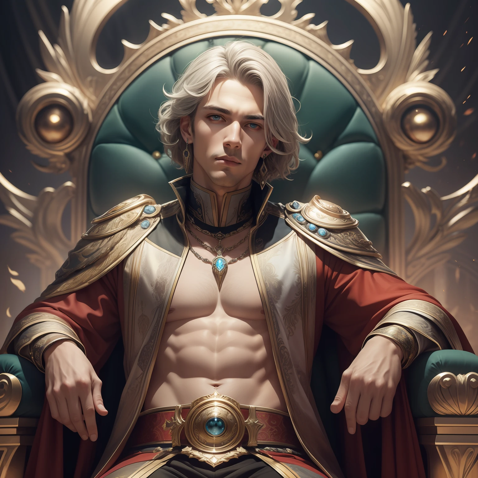 (Masterpiece) 8K resolution, handsome man sitting on a throne, emperor, silver short hair, red eye, finely crafted earrings, slender eyes, model style, fantasy style,