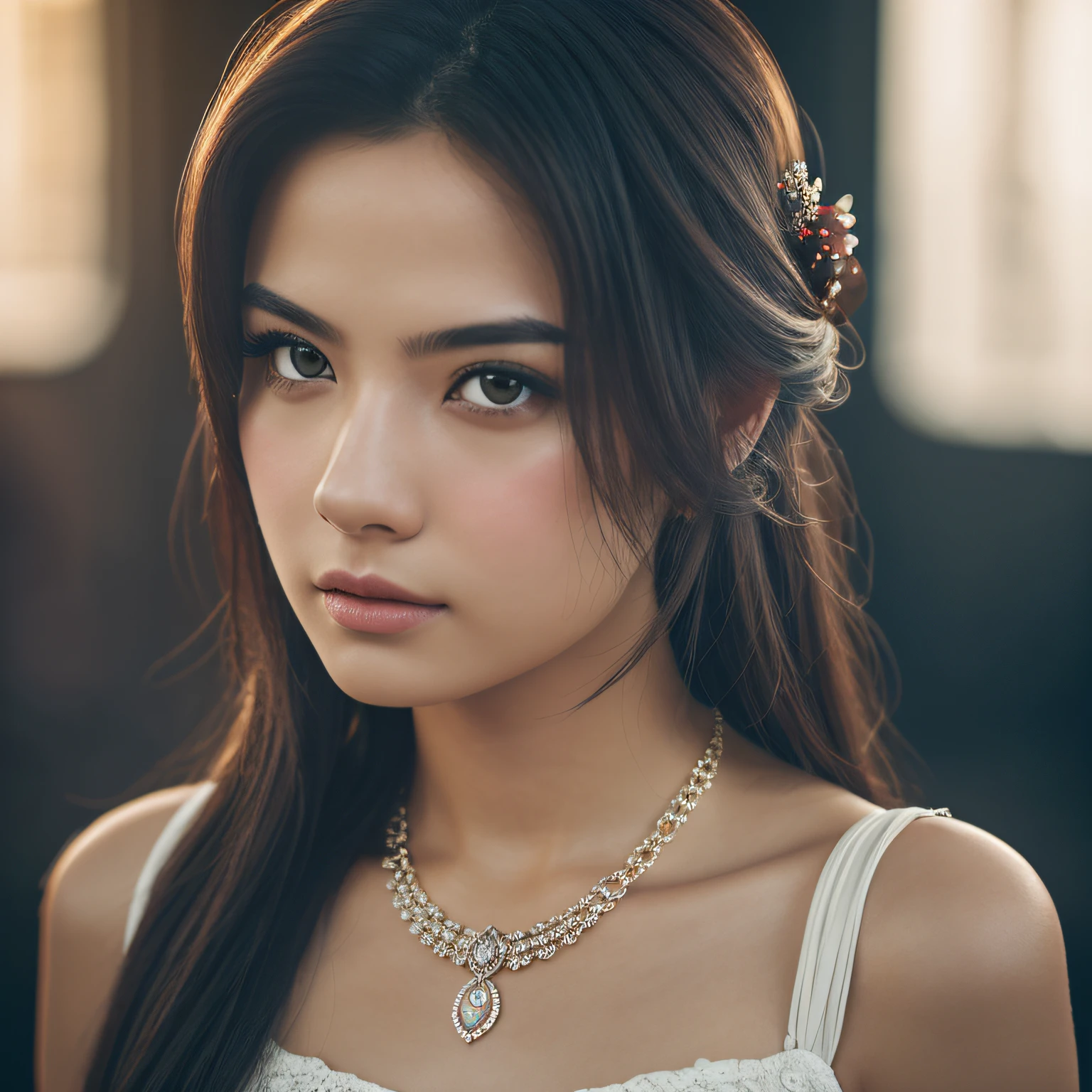 Best quality, masterpiece, high resolution, 1girl, porcelain dress, hair accessories, necklace, jewelry, beautiful face, on the body, Tyndall effect, realistic, dark studio, edge lighting, two-tone lighting, (high detail skin: 1.2), 8k UHD, dslr, soft light, high quality, volumetric light, candid, photo, high resolution, 4k, 8k, background blur, --auto