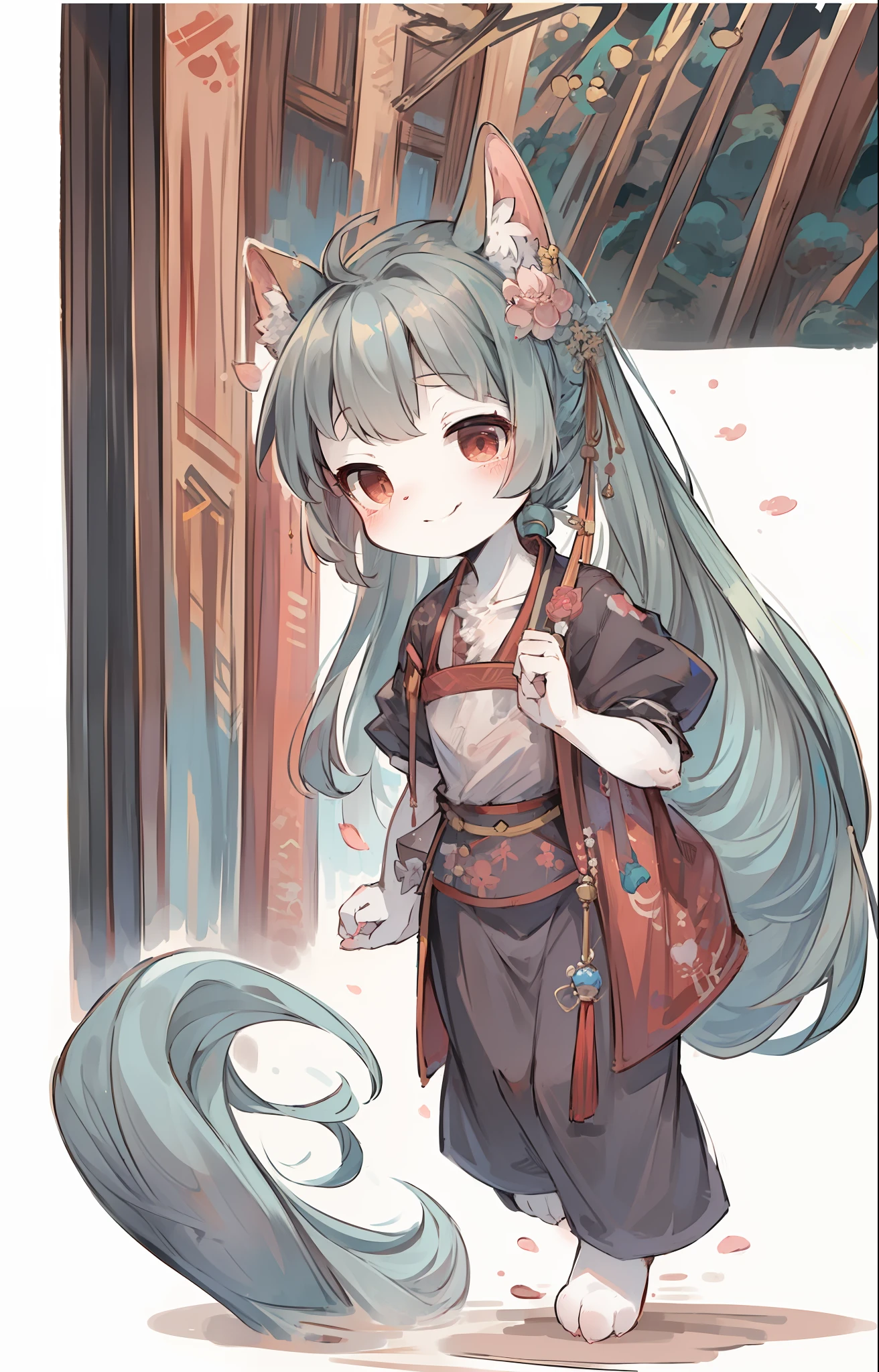 ((4k, masterpiece, best quality)), shuimobysim, Chinese painting, lotus, hanfu, maxiskit, dress conservatively 1girl, solo, long hair, smile, standing, feet in water, barefoot, furry, (by Dagasi: 1.1)