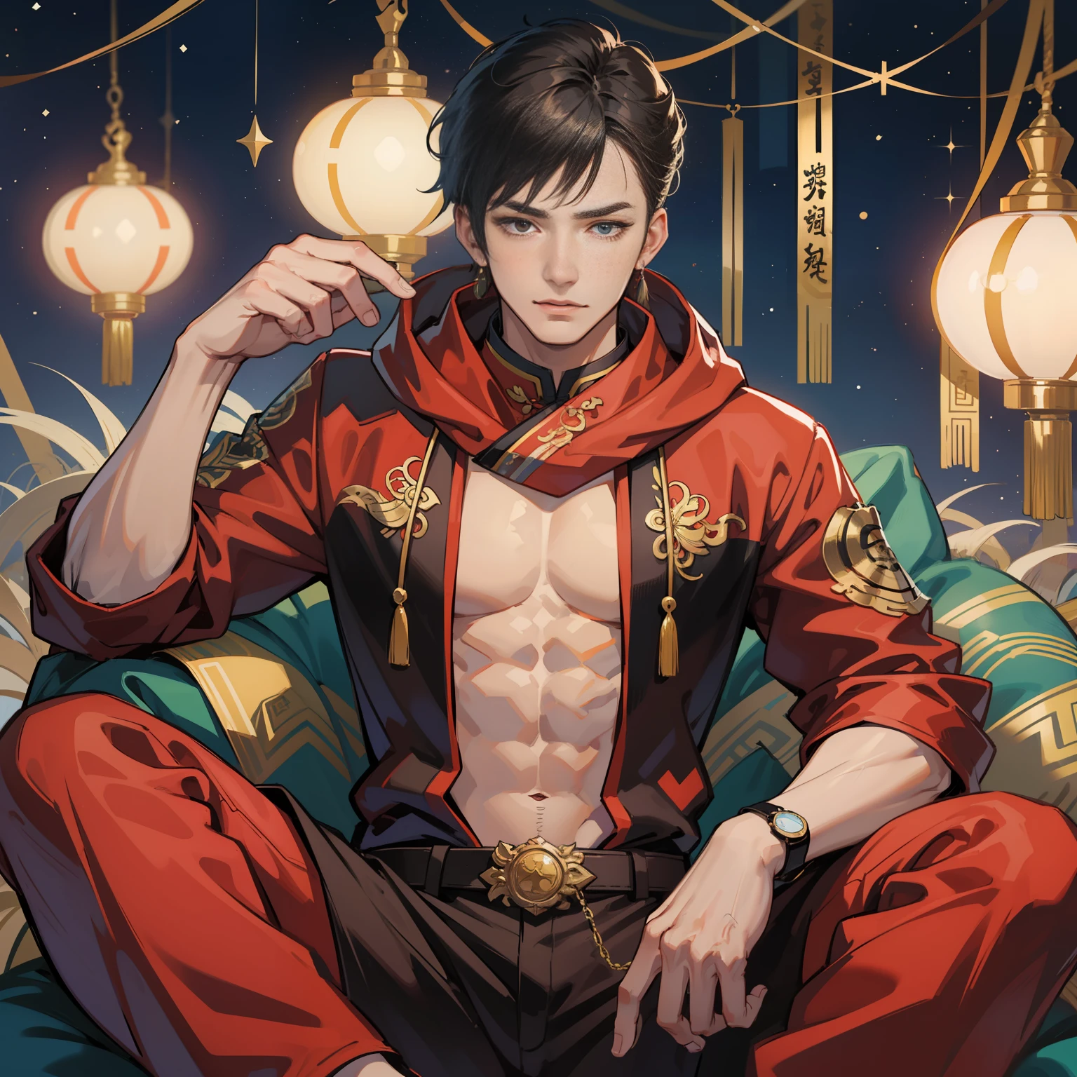 Muscular boy, masculine face, wild, masculine, valiant, handsome, rugged, dog-eared hoodie, modern Chinese traditional costume, fusion of ancient Chinese and modern, king of rappers, pectoral muscles, abs, cool atmosphere, sitting, solid posture, fashionista, stylish, colorful, individual, luxurious, Cantonese, singing, dancing, sky with stars shining like dreams, A quiet night book, the starry sky blooming brightly, the border between whispering dreams and confusion, the pride of Cantonese,