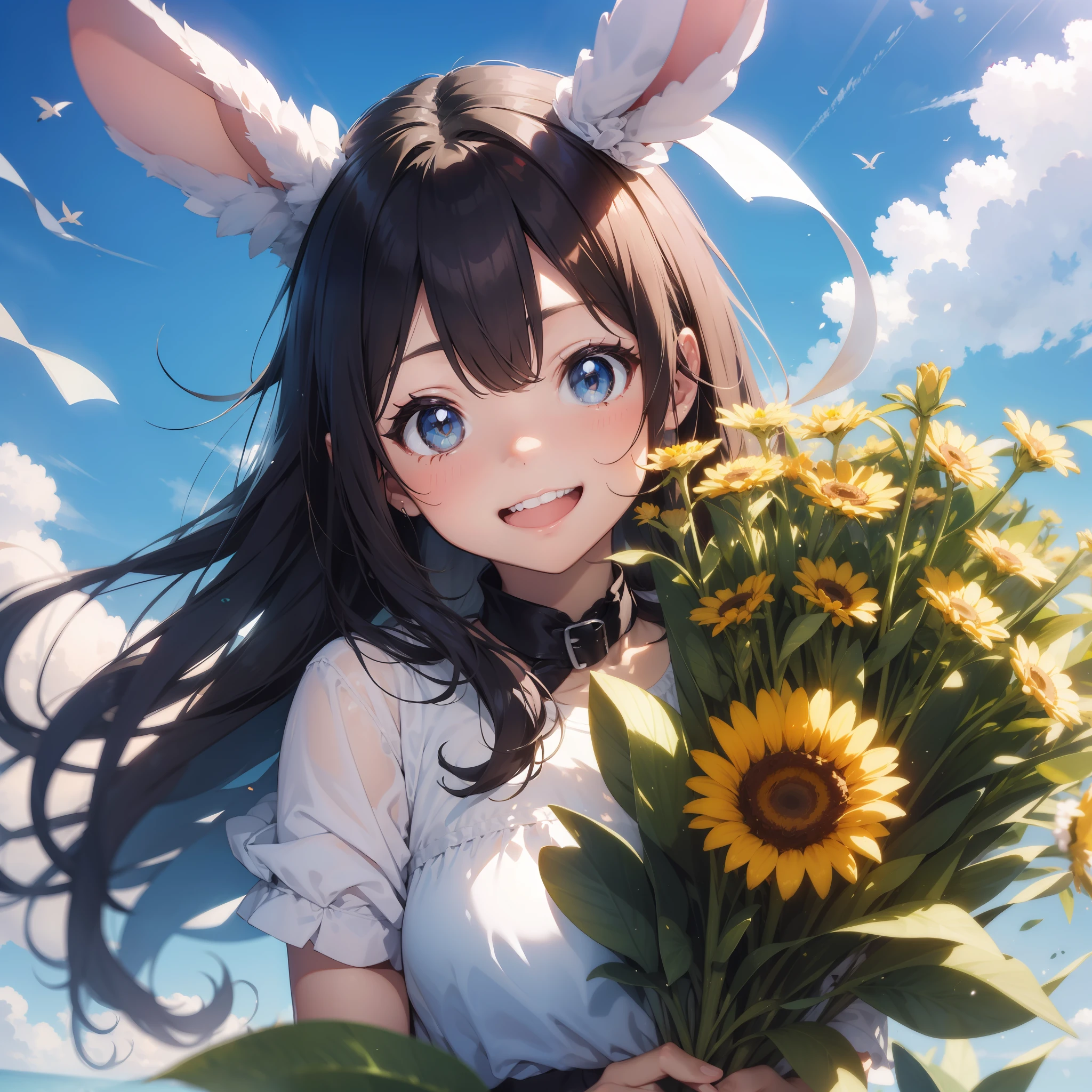 Rabbit eared girl holding a beautiful bouquet blue sky background smiling