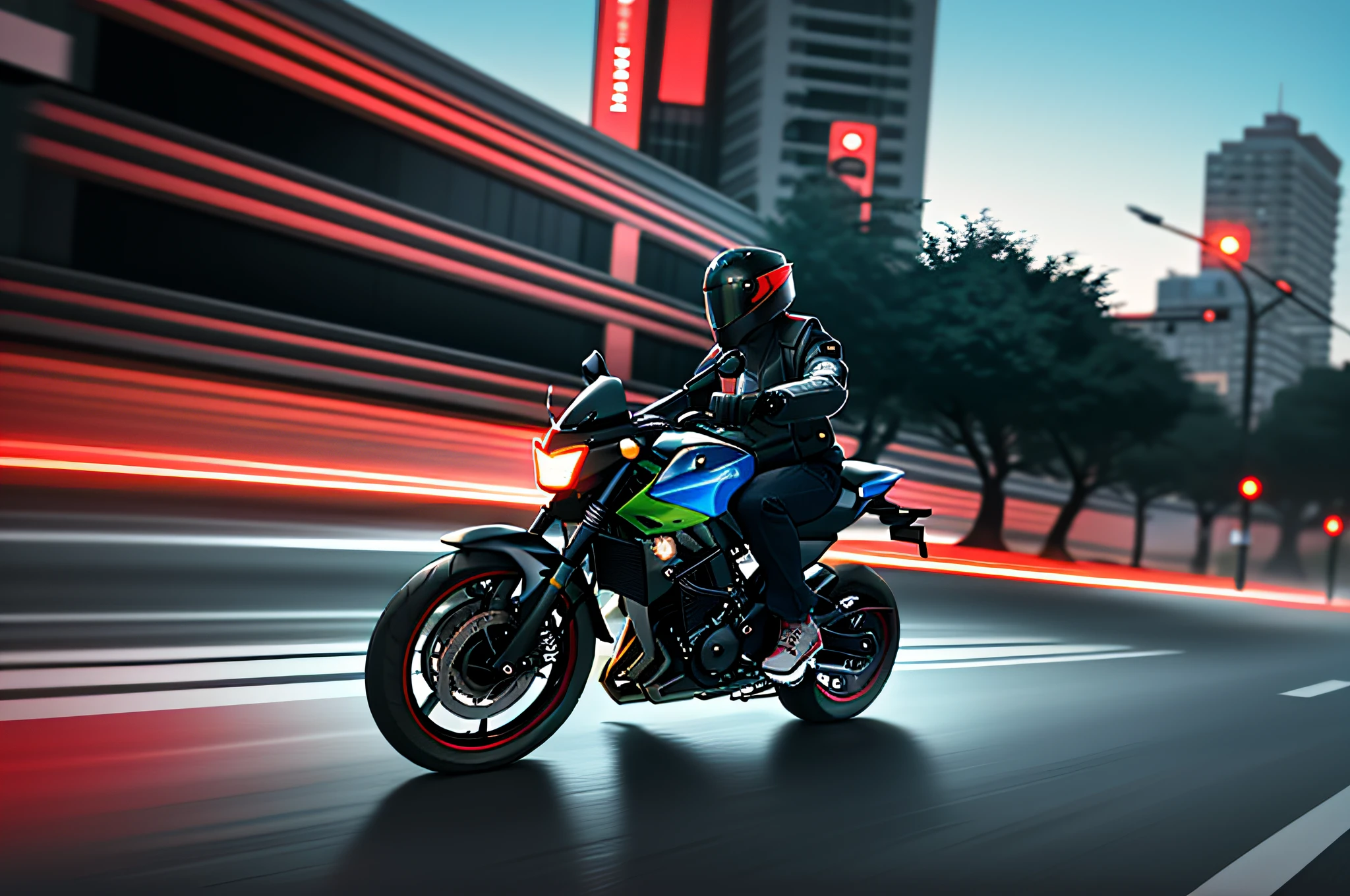 Masterpiece, best quality,young beautiful girl, ultra detailed, official art,unity 8k wallpaper,
in the romanesque architecture streets，
cyberpunk
style,neon
lighting,
(vibrant glow):1.2,
dynamic colors,
striking contrast,
futuristic vibe,
electric energy，
reflective surfaces
The hues are red and blue,
Alatei riding a motorcycle on a city street, buildings in the background, Kawasaki, dynamic angle shot, f/2 0, full-body close-up, angle view, high-quality pictures, features, tour, realistic ", realistic", 4 K images, 4K images, wide-angle dynamic action shots, F 4. 0， f4.0