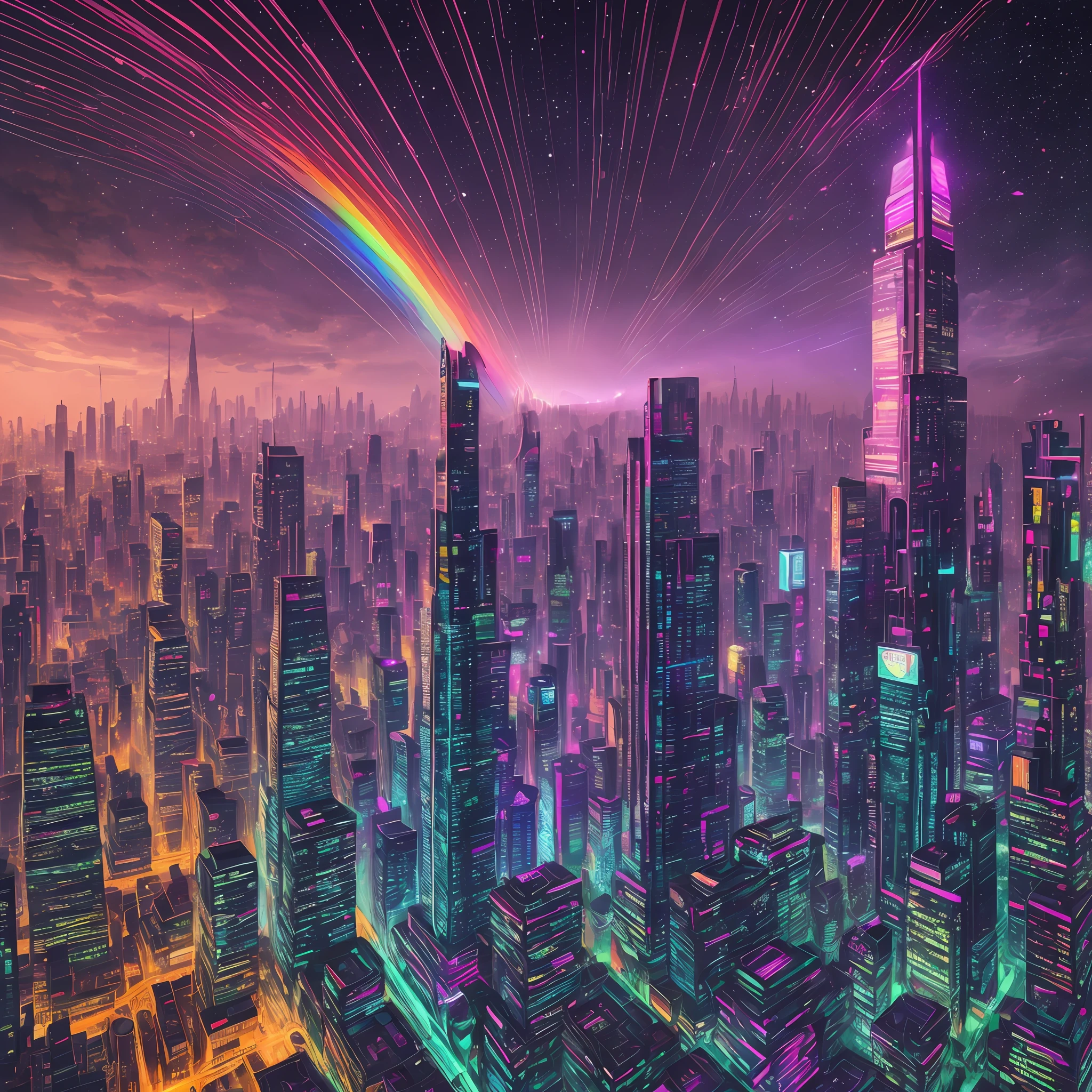 city landscape painting, art, Northern Renaissance style, cyberpunk, big city, there is no life, background galaxy give off rainbow and gold neon light many lines radially, brilliant planet, illustration, fantasy, portrait, animification, high resolution, best quality, very high image quality, ultra detailed, hyper realistic, photorealistic