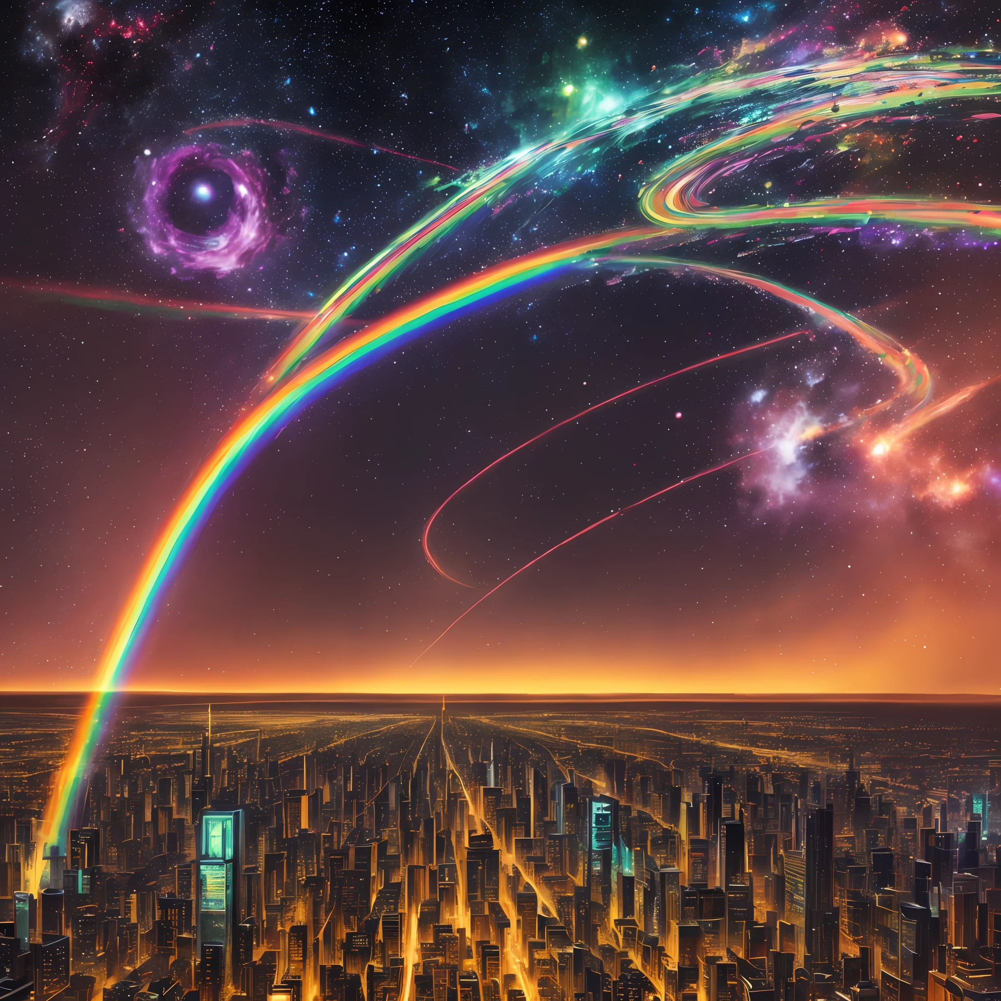 city landscape painting, art, Northern Renaissance style, cyberpunk, big city, there is no life, background galaxy give off rainbow and gold neon light many lines radially, brilliant planet, illustration, fantasy, portrait, animification, high resolution, best quality, very high image quality, ultra detailed, hyper realistic, photorealistic