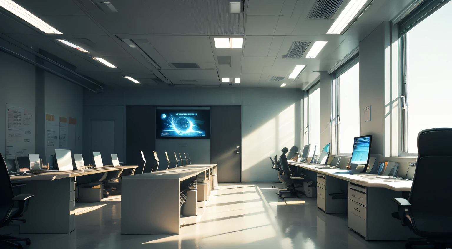 Future Tech Office, There are a lot of electronic screens, Cool lighting effects, White metal plate walls, A futuristic sense of technology, chiaroscuro, cinematic lighting, modern, Ultra-Wide Angle --auto