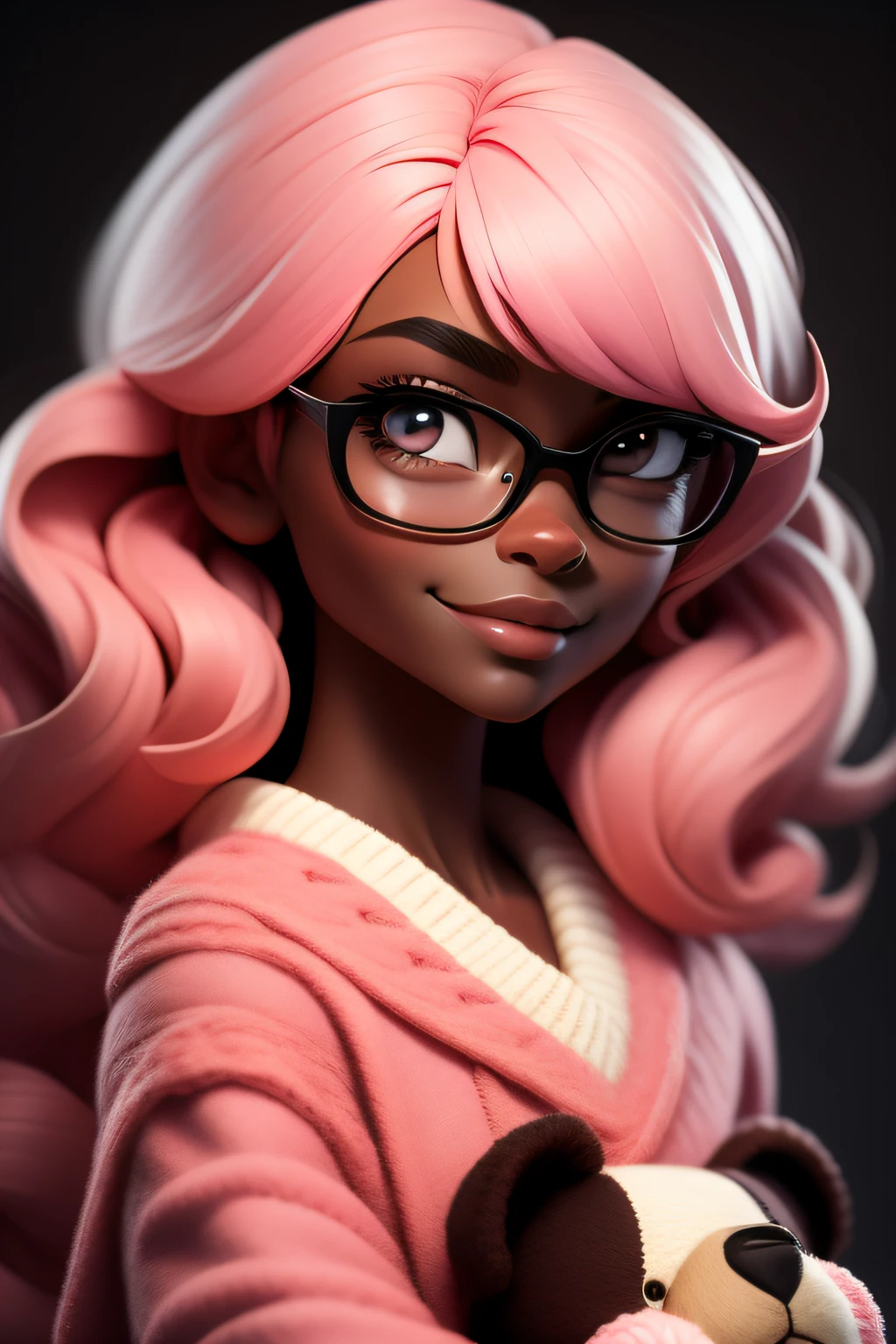 masterpiece, best quality, 3d rending work, 3DMM style, close-up, portrait, 3d, 1girl, solo, looking forward, wearing prescription glasses, sweet expression, happy, holding an amigurumi teddy bear, black skin, medium size type 3C hair, pink pastel colors, realistic, upper body, simple background, looking away, separated lips, curly hair