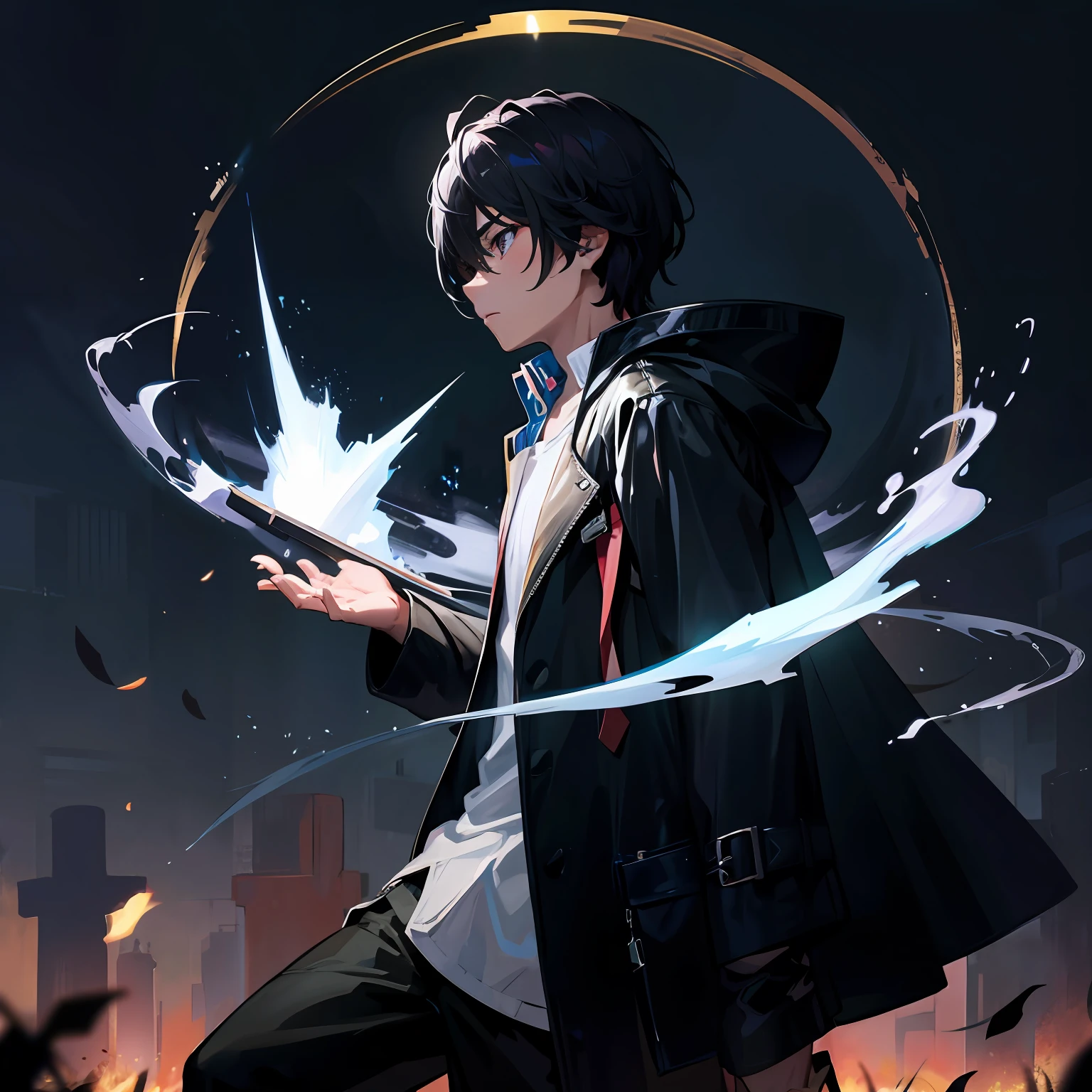Wizard Anime boy with black hair and black jacket and white shirt High quality anime art --auto