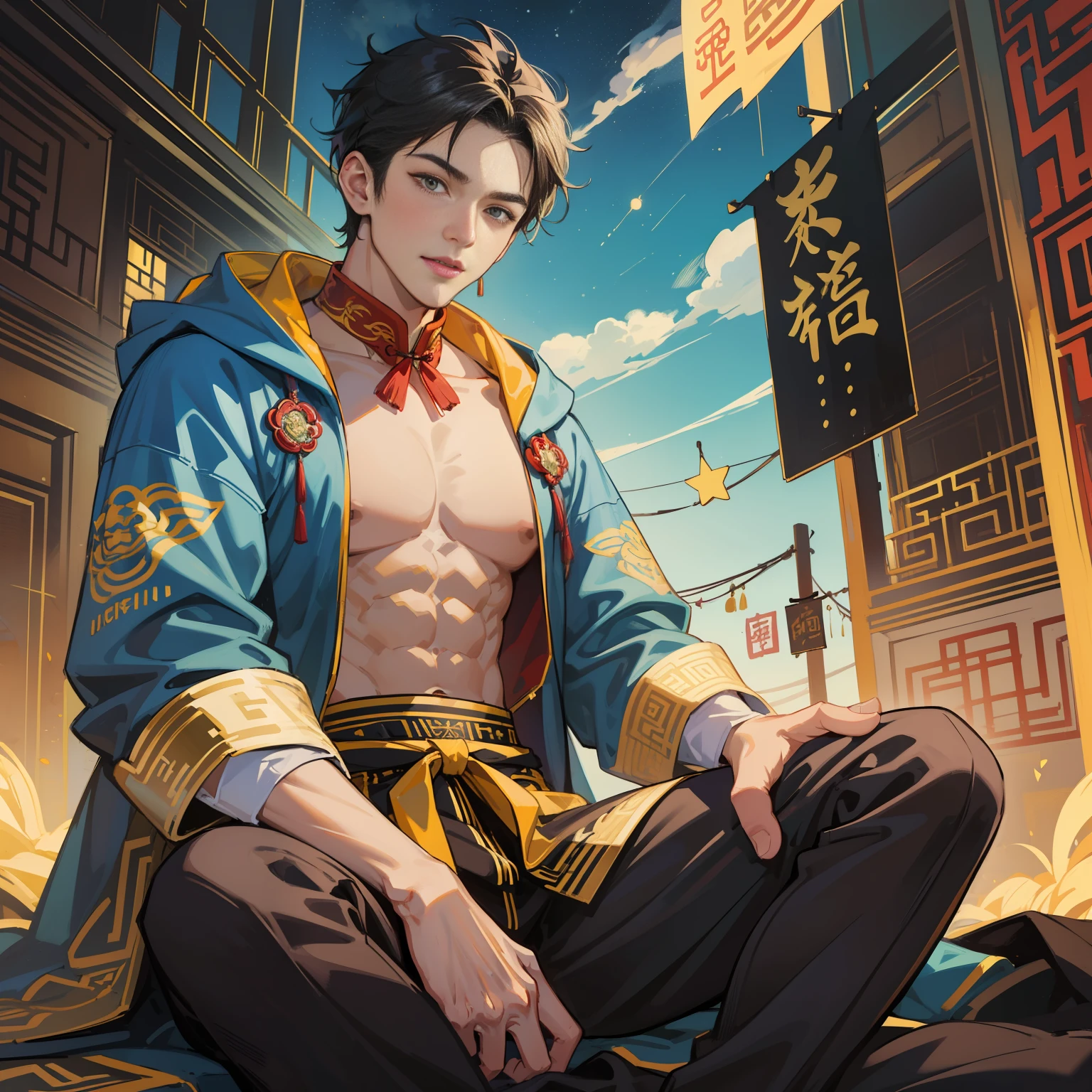 Muscular boy, masculine face, wild, masculine, valiant, handsome, rugged, rabbit-eared hoodie, modern Chinese traditional costume, fusion of ancient Chinese and modern, king of rappers, pectoral muscles, abs, cool atmosphere, sitting, solid posture, fashionista, stylish, colorful, individual, luxurious, Cantonese, singing, dancing, sky with stars shining like dreams, Book of quiet nights, starry sky blooming brightly, border between whispering dreams and confusion, Cantonese pride, yellow and blue clothes
