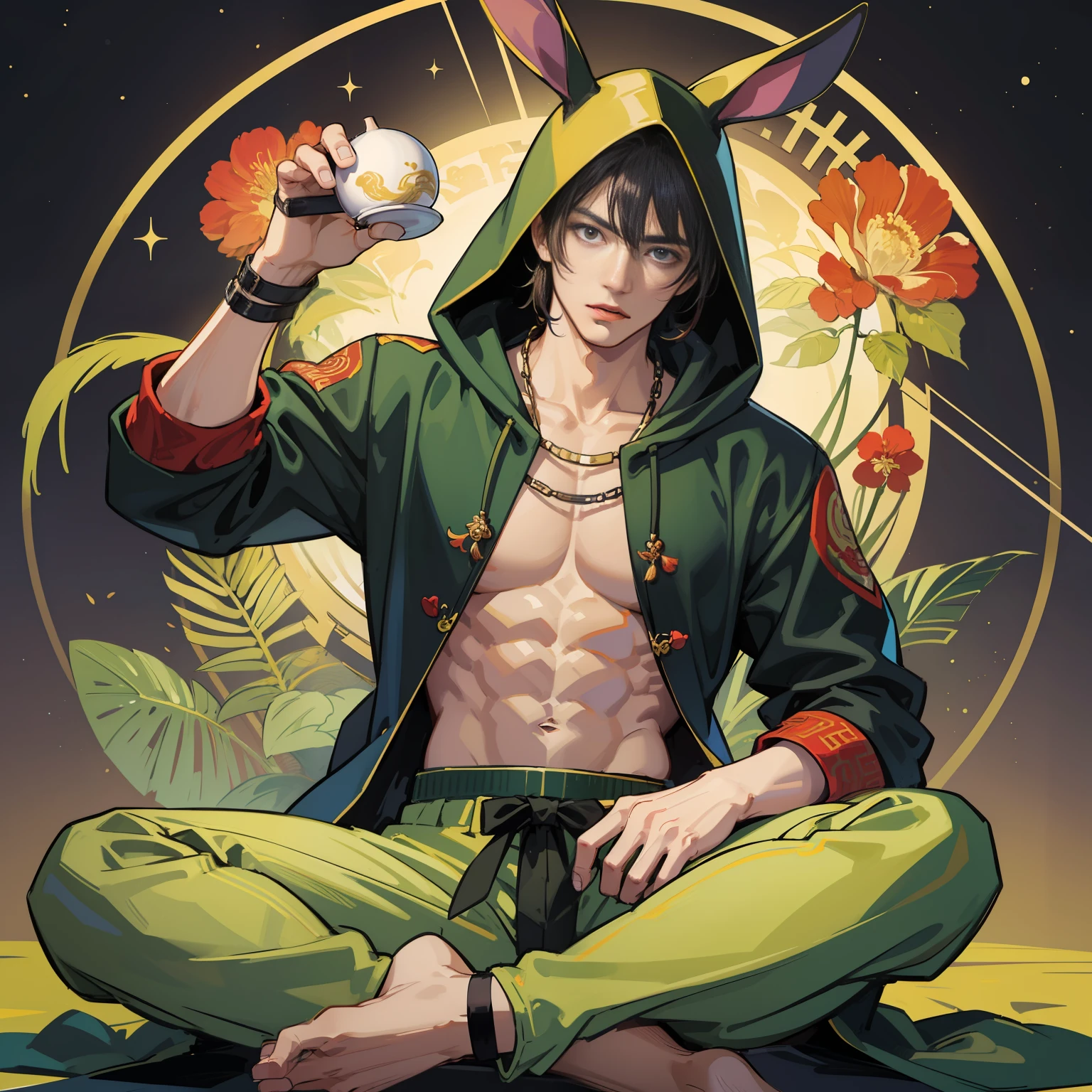 Muscular boy, masculine face, wild, masculine, valiant, handsome, rugged, rabbit-eared hoodie, modern Chinese traditional costume, fusion of ancient Chinese and modern, king of rappers, pectoral muscles, abs, cool atmosphere, sitting, solid posture, fashionista, stylish, colorful, individual, luxurious, Cantonese, singing, dancing, sky with stars shining like dreams, Book of quiet night, starry sky blooming brightly, whispering dreams and the border of confusion, Cantonese pride, yellow-green and purple clothes