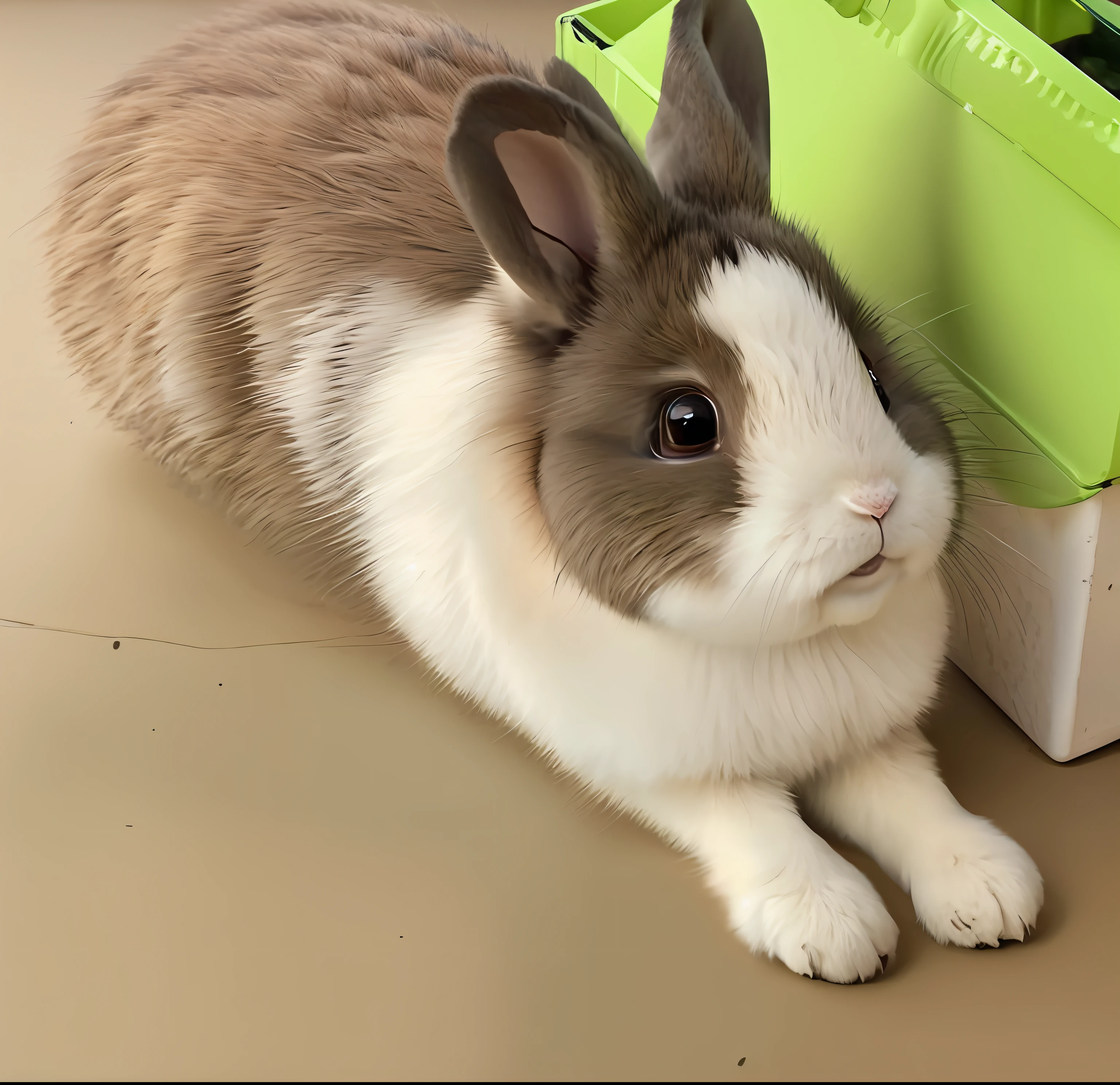 There is a little rabbit sitting next to a green box, bun), Lagos thief rabbit, rabbit, rabbit_bunny, very handsome, drooping rabbit ears, electric rabbit, cute furry who needs your help, very handsome, only rabbit face, half a rabbit, --auto