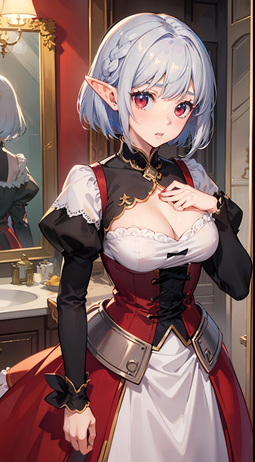 ((Put your hands on your chest)), (surprised)), (Red face), 1 girl, Elf, Silver hair, Red eyes, Braid hair, Bob cut, Princess, Medieval dress, Long skirt, Ruffles, Indoors, Mirror, TS, Concept art, Beautiful anime scene, Beautiful anime scenery, Best quality, Masterpiece, 4K