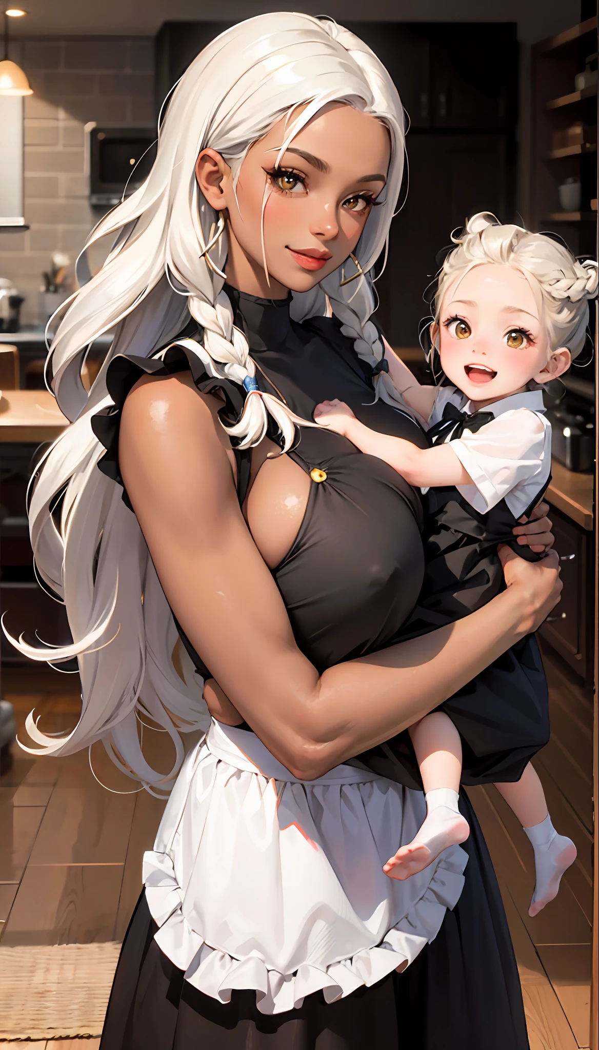 Brown skin, long white hair (masterpiece, : 1.2, best quality), (2 ladies, upper body: 1.2) brown skin Clothing: Apron Accessories: brown skin, hairpins, holding a  girl in her arms (littleis white skin, white braids) Hair: long white hair, brown skin Makeup: brown skin, natural, glowing skin, brown skin huge breasts Behavior: relaxed, carefree, smiling Location: kitchen, in front of the table, very huge breasts, brown-yellow eyes, brown skin