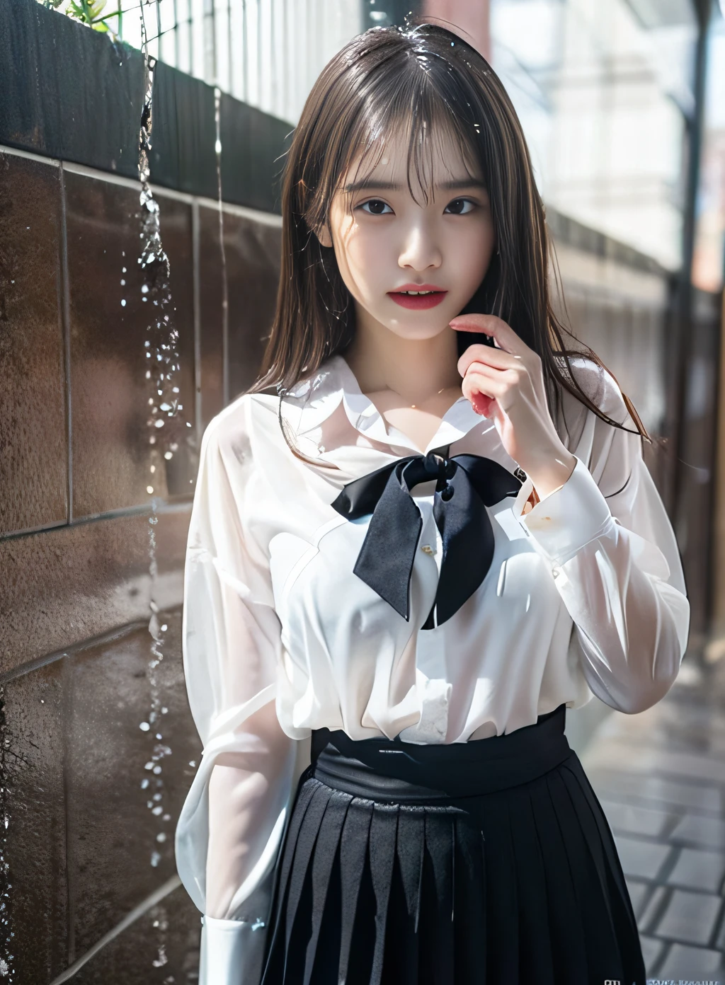 8k, RAW Photo, (Top Quality, Masterpiece, Intricate Detail: 1.4), (Real, Photorealistic: 1.3), (Realistic: 1.3), Photorealistic, Gravure Lighting,
  Japanese female student, rainy daytime, schoolyard, heavy rain, (whole body soaking wet: 1.5), white blouse in school uniform, (rainy wet transparent blouse: 1.5), (rainy wet blouse sticking to skin: 1.2) , ribbon, wet uniform skirt, knee-length skirt, beauty like a Japanese idol, 16 years old, sad expression, light makeup, thin eyebrows,
  Fine and beautiful face, fine eyes, (tear bags: 1.5), fine fingers, fine legs, fine skin, (wet hair: 1.8), (wet bangs: 1.5), (wet skin: 1.8) ), medium breasts, (nipple protrusions), shiny hair, shiny skin, (wet and drippy hair: 1.5) , (wet and drippy skin: 1.5)