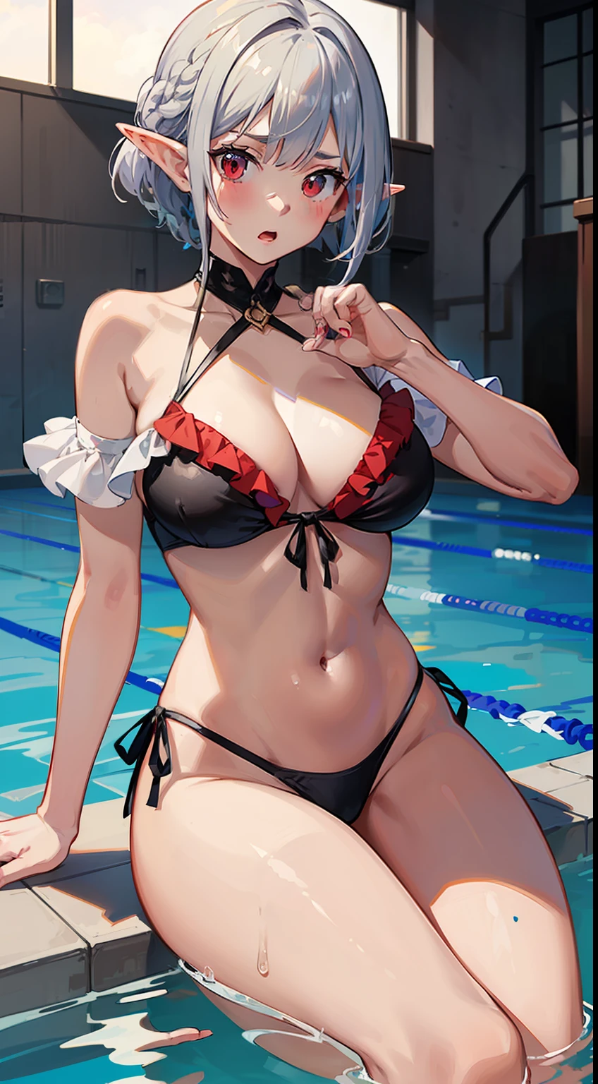((Put your hands on your chest)), ((surprised)), (Red face), 1 girl full body, Elf, Silver hair, Red eyes, Braid hair, Bob cut, Swimsuit, Bikini, Ruffles, Swimming pool, TS, Concept art, Beautiful anime scene, Beautiful anime scene, Best quality, Masterpiece, 4K