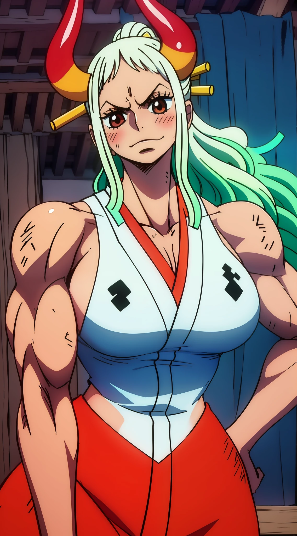 Yamato, 1 Girl, Anime Girl, Top Quality, Bodybuilding, Muscular, Big, Wallpaper, Hotel, Blush, Side Visible Pose, Seductive,