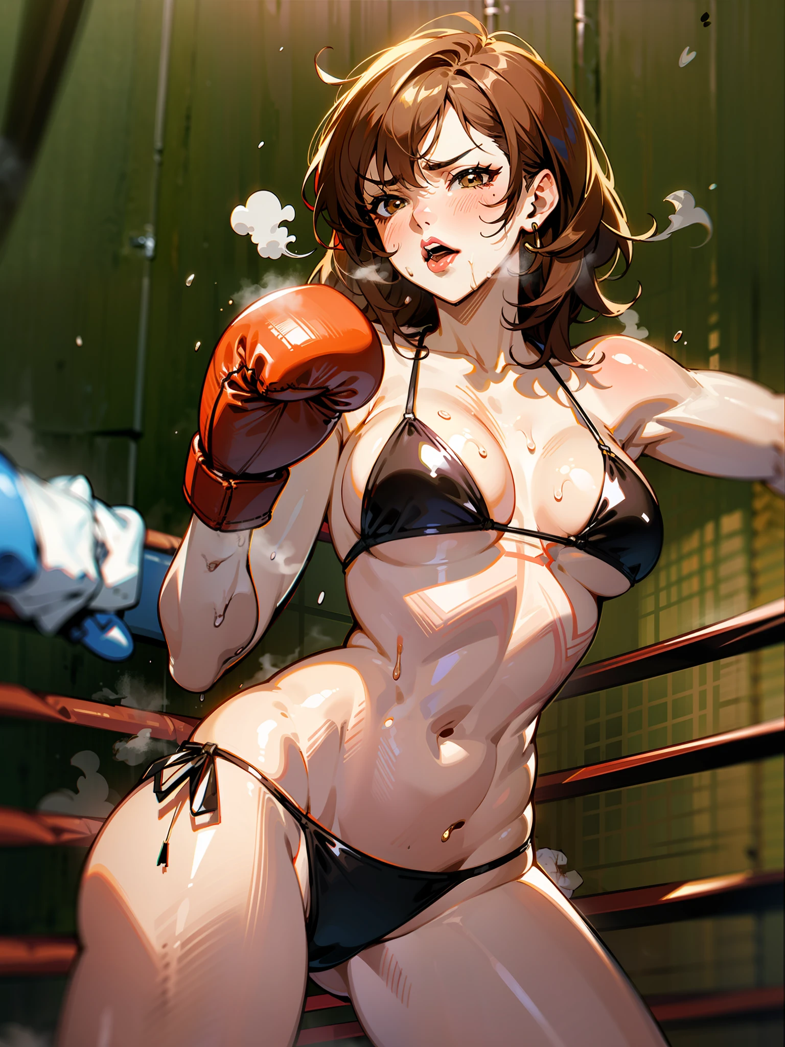 {Mature woman boxer, reddish brown hair, long hair, sexy lips, micro bikini, red lip, golden boxing gloves, brown skin, big, two women, empty eyes, sweat and saliva all over the body, abdominal injury marks, serious damage, inferiority, on the verge of fainting, steaming}and{black hair, short cut, female boxer, offensive, punching, body blow}, background dimly lit bedroom, two women, boxing play,