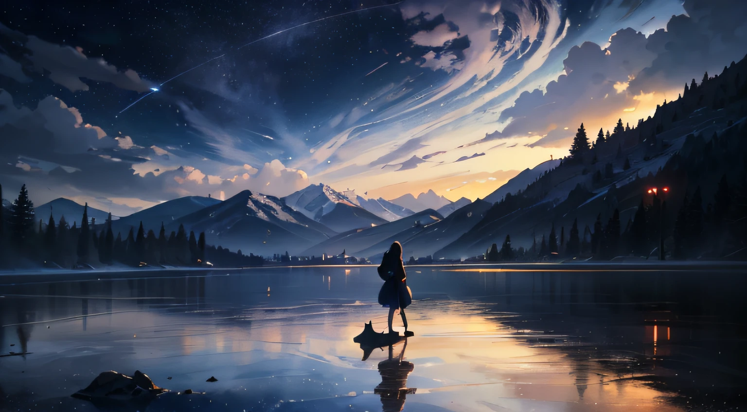 anime scene of a woman and her dog looking at a lake, makoto shinkai cyril rolando, cosmic skies. by makoto shinkai, beautiful anime scene, reflections. by makoto shinkai, inspired by Makoto Shinkai, beautiful anime artwork, anime beautiful peace scene, guweiz and makoto shinkai, a beautiful artwork illustration