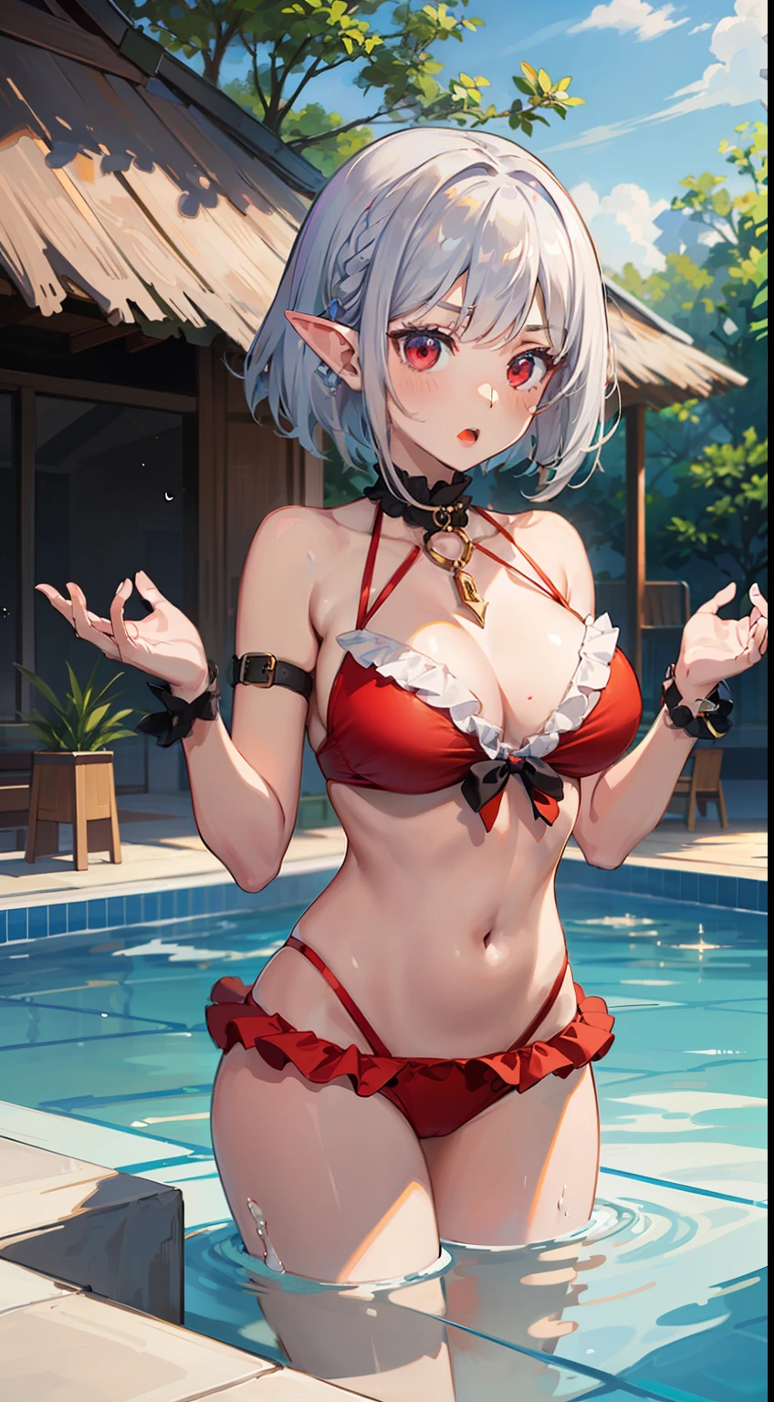 ((Put your hands on your chest)), ((surprised)), (Red face), 1 girl full body, Elf, Silver hair, Red eyes, Braid hair, Bob cut, Swimsuit, Bikini, Ruffles, Swimming pool, TS, Concept art, Beautiful anime scene, Beautiful anime scene, Best quality, Masterpiece, 4K