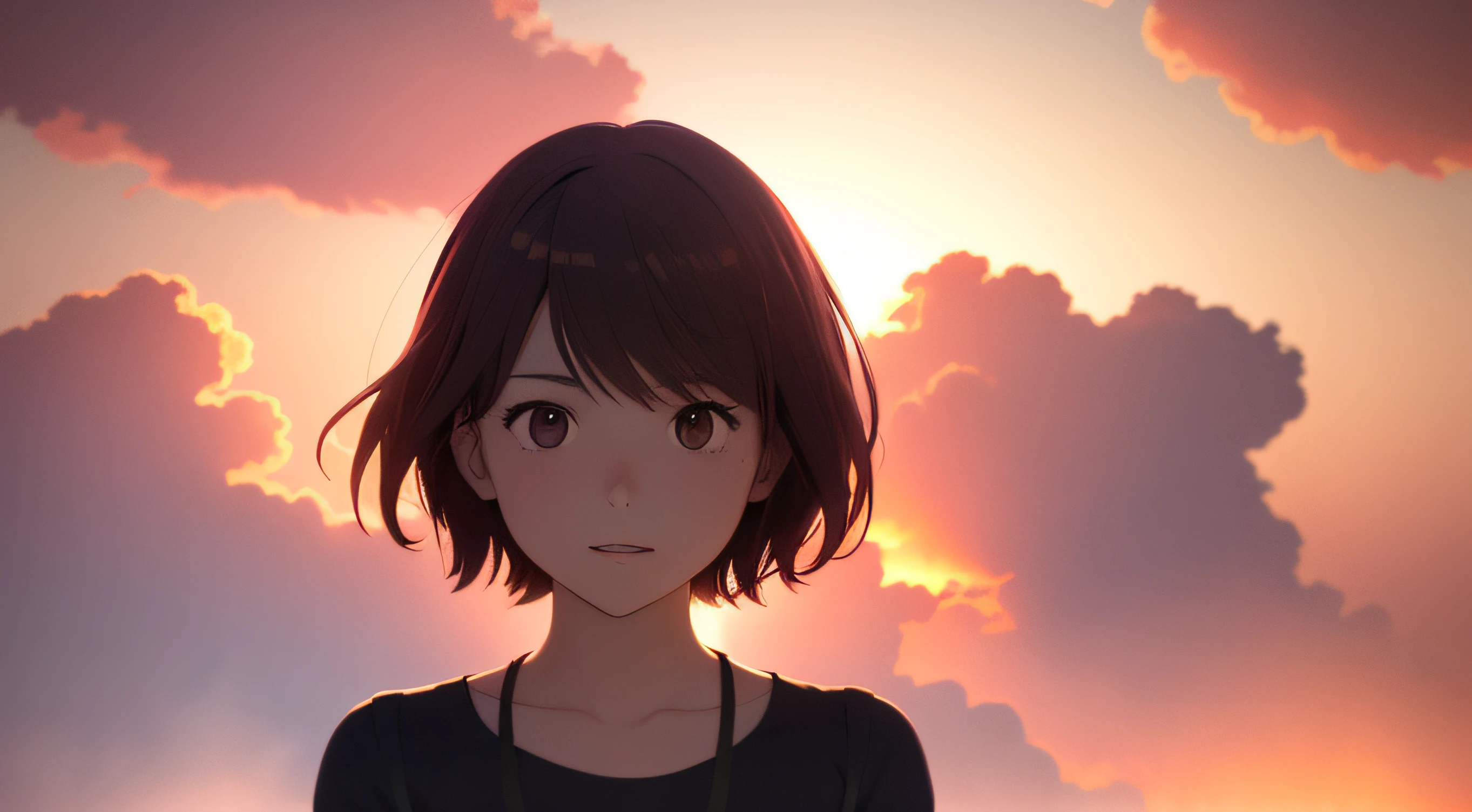 Very detailed and accurate anime style illustration, very cute young woman's face, brown short hair, perfectly round gray eyes, pink shirt, background is a fantastic huge cage overlapping clouds dyed in the setting sun, intense red color, dramatic backlight, Makoto Shinkai anime style.