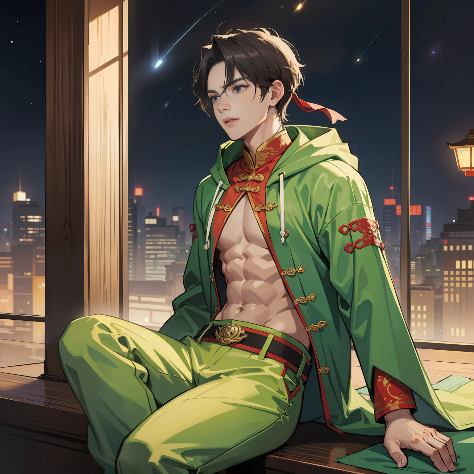 Muscular boy, masculine face, wild, masculine, valiant, handsome, rugged, rabbit-eared hoodie, modern Chinese traditional costume, fusion of ancient Chinese and modern, king of rappers, pectoral muscles, abs, cool atmosphere, sitting, solid posture, fashionista, stylish, colorful, individual, luxurious, Cantonese, singing, dancing, sky with stars shining like dreams, Book of quiet night, starry sky blooming brightly, whispering dreams and the border of confusion, Cantonese pride, yellow-green and purple clothes