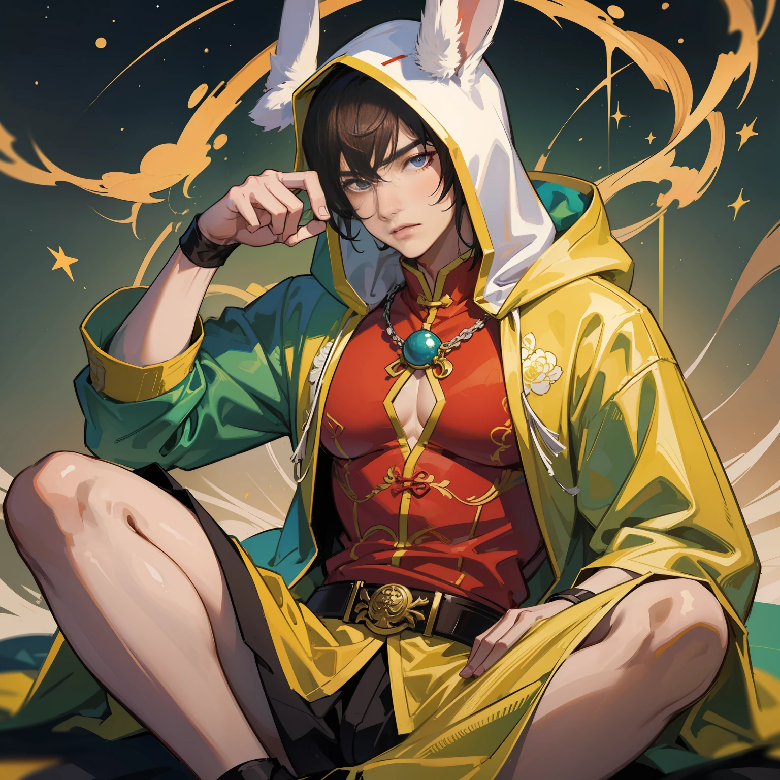 Muscular boy, masculine face, wild, masculine, valiant, handsome, rugged, rabbit-eared hoodie, modern Chinese traditional costume, fusion of ancient Chinese and modern, king of rappers, pectoral muscles, abs, cool atmosphere, sitting, solid posture, fashionista, stylish, colorful, individual, luxurious, Cantonese, singing, dancing, sky with stars shining like dreams, Book of quiet night, starry sky blooming brightly, whispering dreams and the border of confusion, Cantonese pride, yellow-green and purple clothes