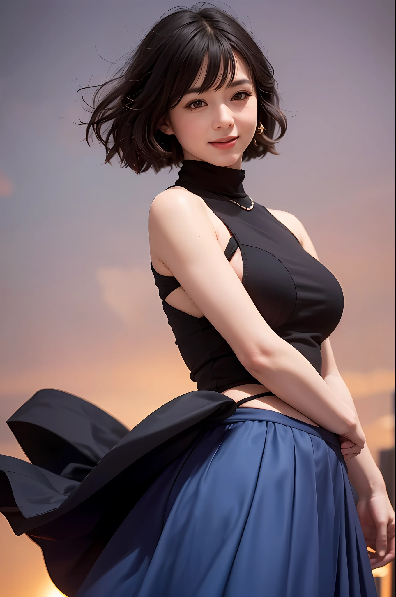 1girl, (looking at the audience), (bokeh: 1.1), mouth closed, light smile, realistic, arms behind the head, away from the shoulders,
skirt, skyline, sassy,
Best image quality, (Realistic: 1.4), Ultra High Resolution, LLFZHAOILIINGV4