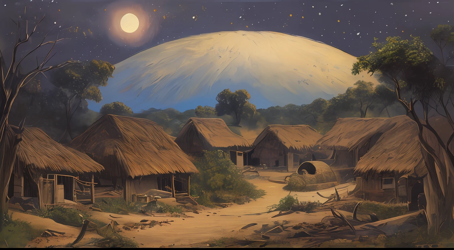 (((masterpiece))), center of a tribal village of the Congo, nature, full moon night, terreiro, ultra detailed, like an extremely detailed, chaotic, masterpiece, incredible painting